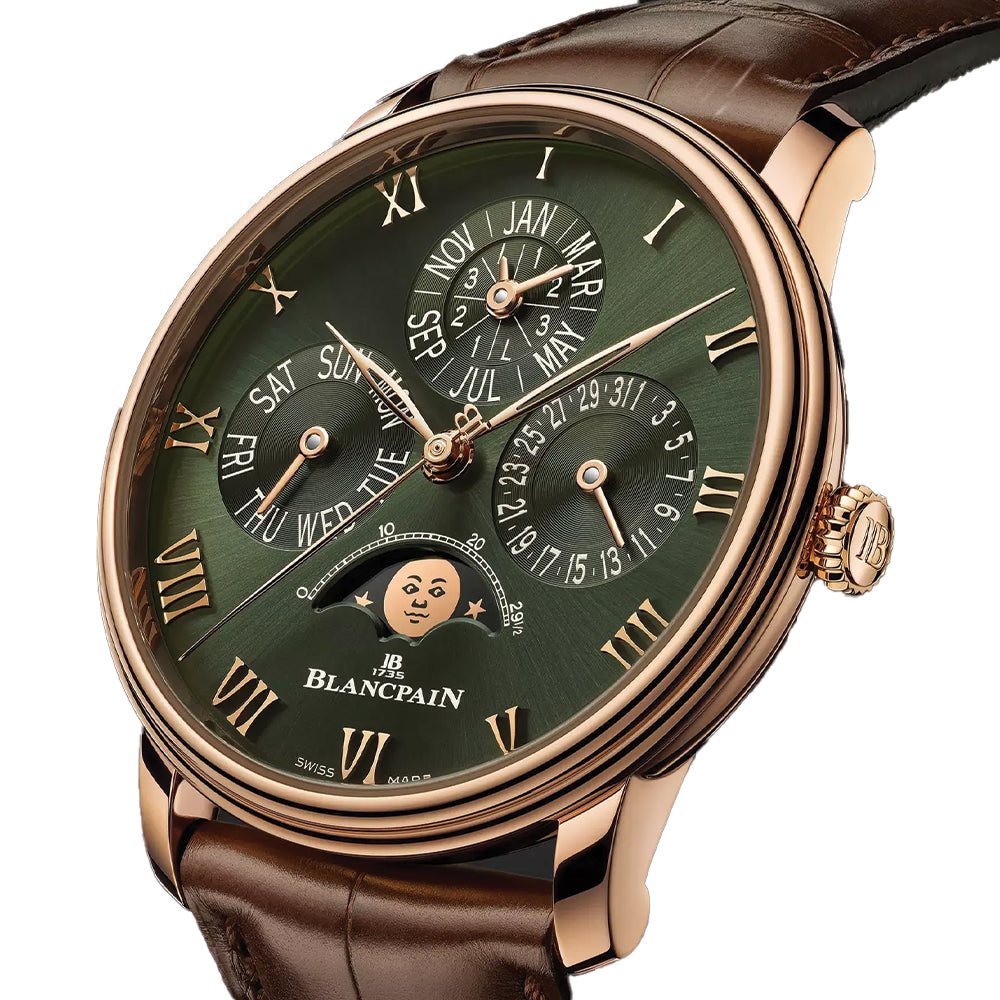 Villeret Perpetual Calendar 40.3mm Red Gold Watch with Green Leather Strap - Luxury Timepiece for Formal Events & Business Occasions