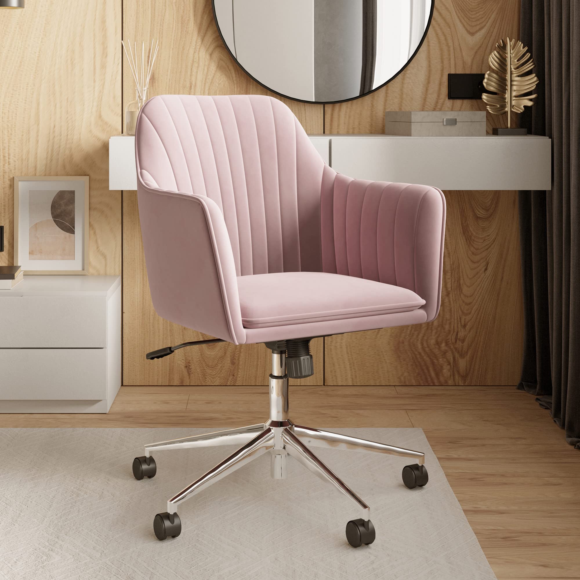 BELLEZE Modern Velvet Swivel Desk Chair with Adjustable Height & Wheels - Pink Alayah Office Chair for Home, Work, or Vanity | Stylish & Comfortable Seating for Workspaces, Gaming, and Study Areas