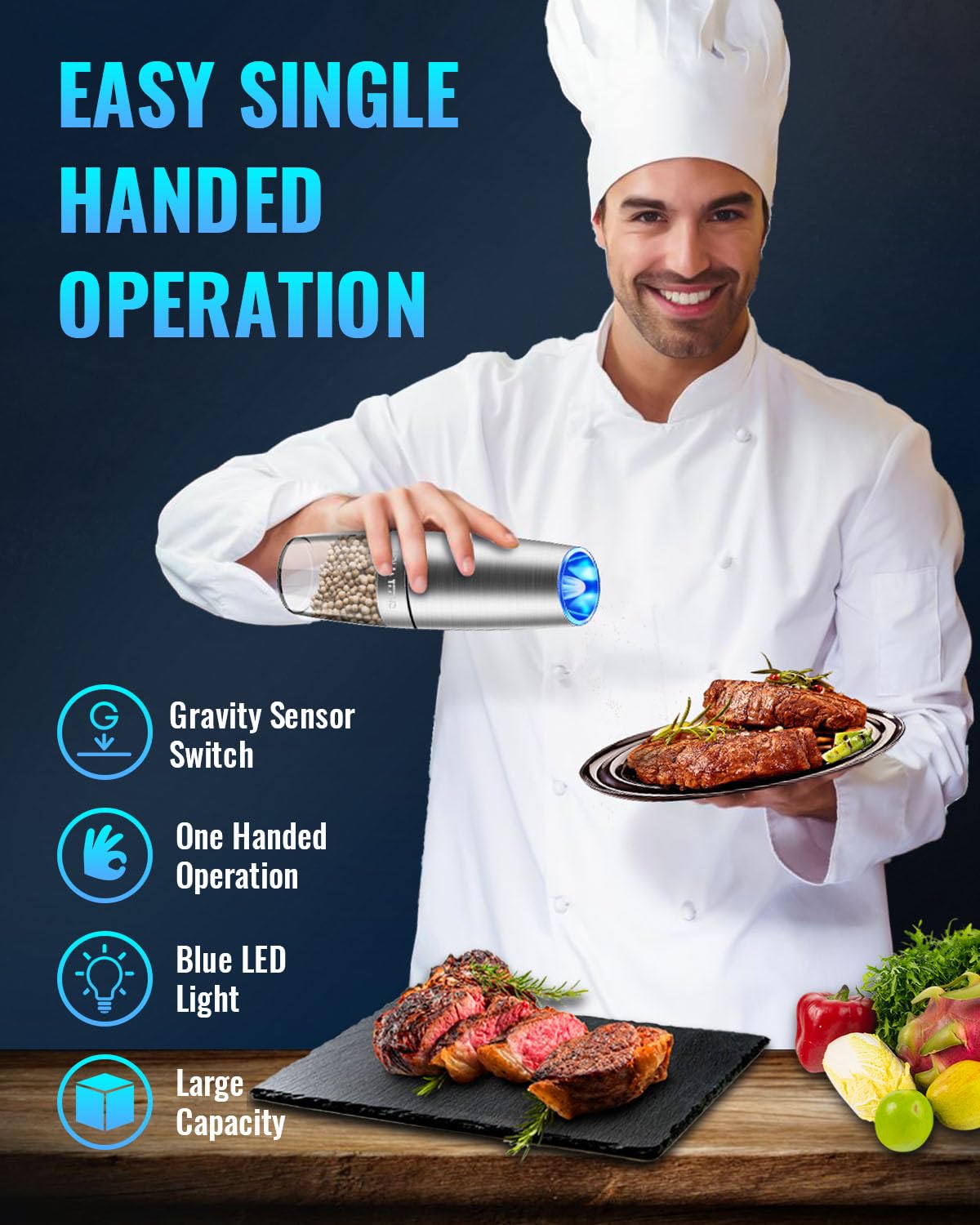 Premium Electric Salt and Pepper Grinder Set - Battery Powered with Adjustable Coarseness & LED Light - One Hand Automatic Operation - Stainless Steel Mill for Kitchen, Dining Table, or Outdoor BBQ (Silver)