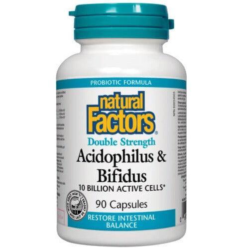 Natural Factors Acidophilus & Bifidus Double Strength Probiotic - 10 Billion Active Cells, 90 Capsules for Digestive & Immune Support - Perfect for Gut Health & Daily Wellness