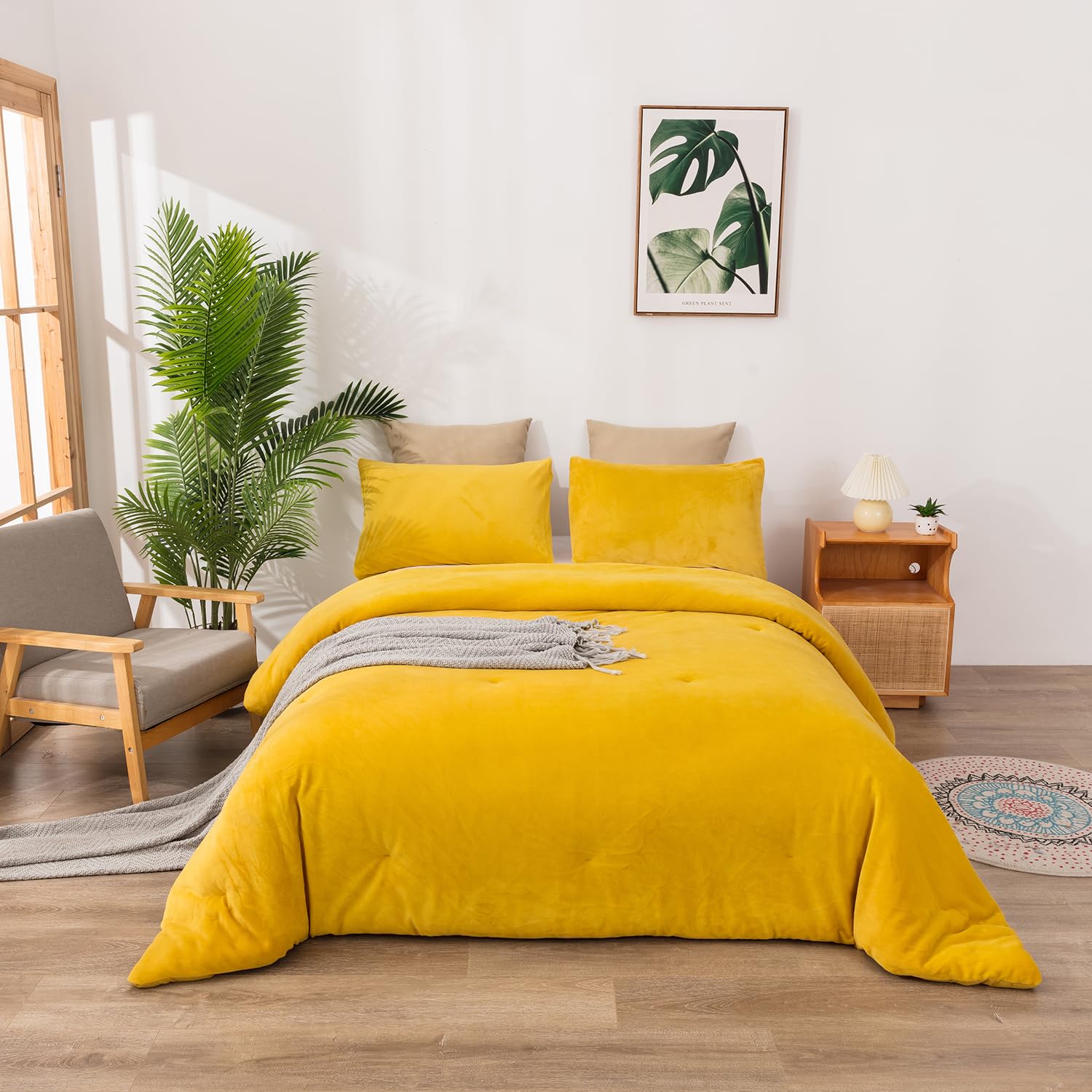 Mustard Yellow Velvet Comforter Set Queen - Plush Flannel & Sherpa Lined Winter Bedding - Heavyweight Micromink Warm Comforter for Women, Men, Adults & Teens - Perfect for Cozy Bedrooms & Cold Weather Nights
