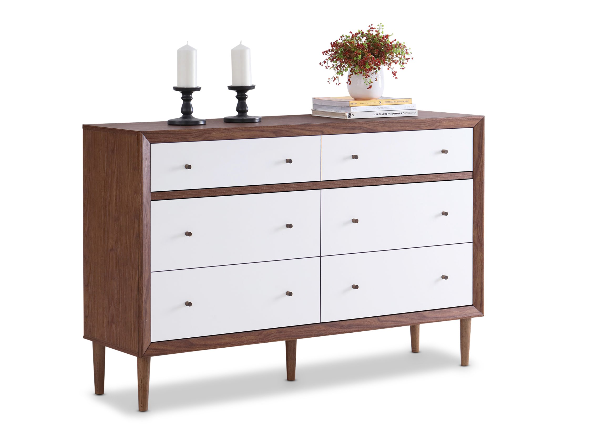 Baxton Studio Harlow Mid-Century Modern Dresser - 6-Drawer Storage Cabinet in White & Walnut Wood - Scandinavian Style Bedroom Furniture for Clothes Organization & Home Decor