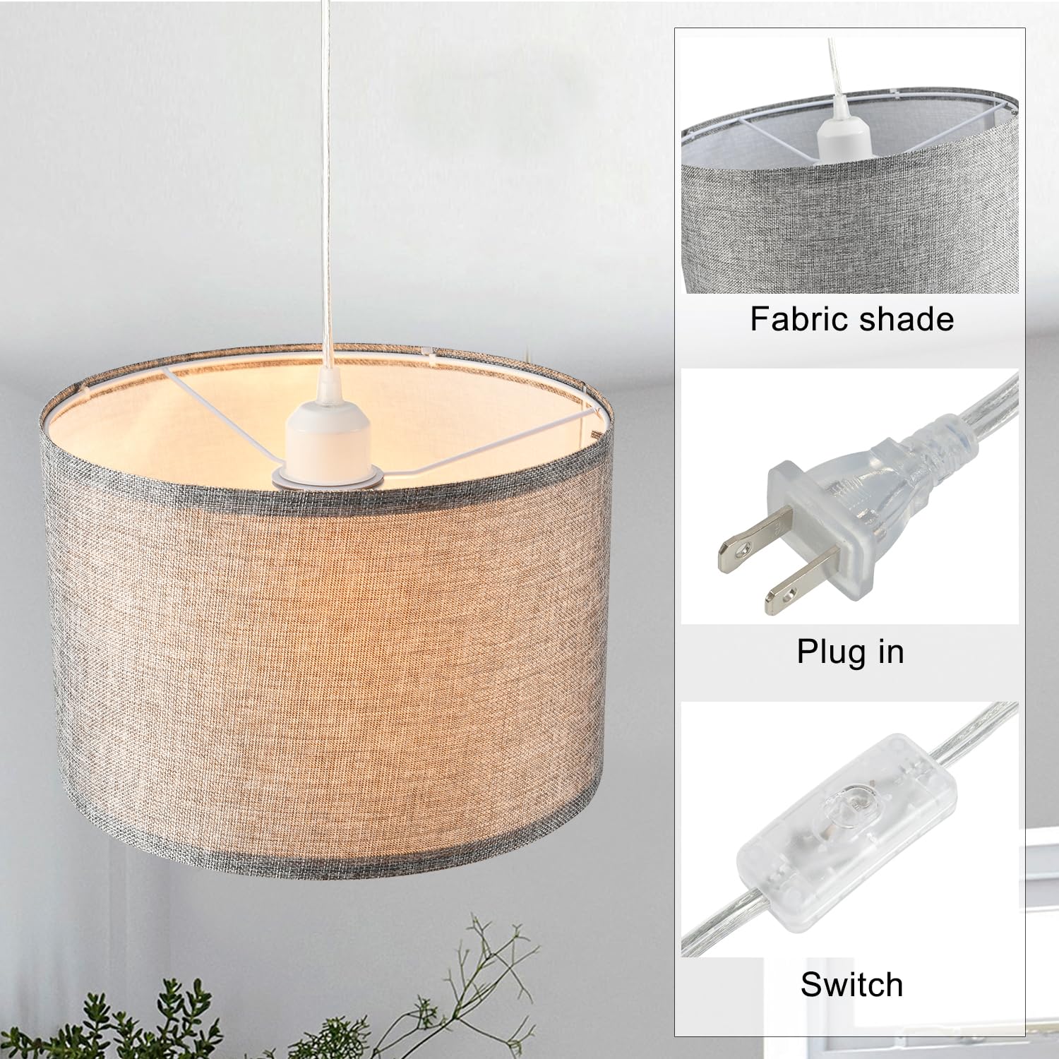 2 Pack Plug in Pendant Light with 15Ft Clear Cord & On/Off Switch - Grey Fabric Lamp Shade for Bedroom, Kitchen, Living Room & Dining Table - Modern Hanging Light Fixture for Home Decor & Cozy Ambiance