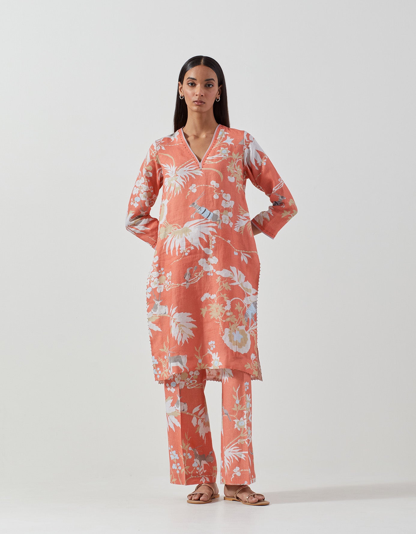 Stylish V Neck Kurta for Women - Soft Linen Fabric in Coral - Perfect for Casual Wear, Summer Outfits, and Boho Fashion