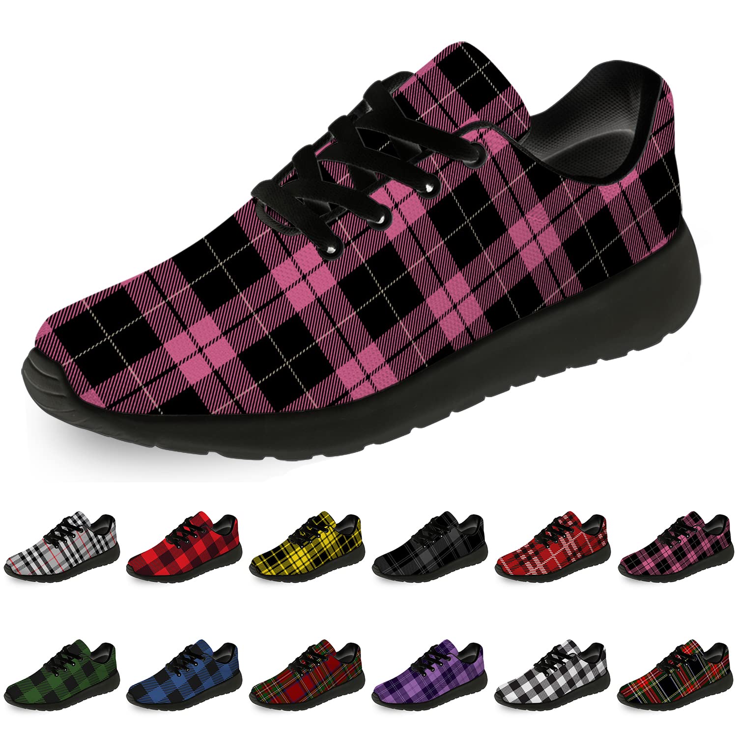 Men's & Women's Plaid Running Shoes - Buffalo Black Pink Tartan Check Sneakers for Walking, Tennis & Casual Wear - Size 10.5 Men/12 Women (Black & Pink) - Perfect Gifts for Boys & Girls - Ideal for Jogging, Gym Workouts & Everyday Fashion