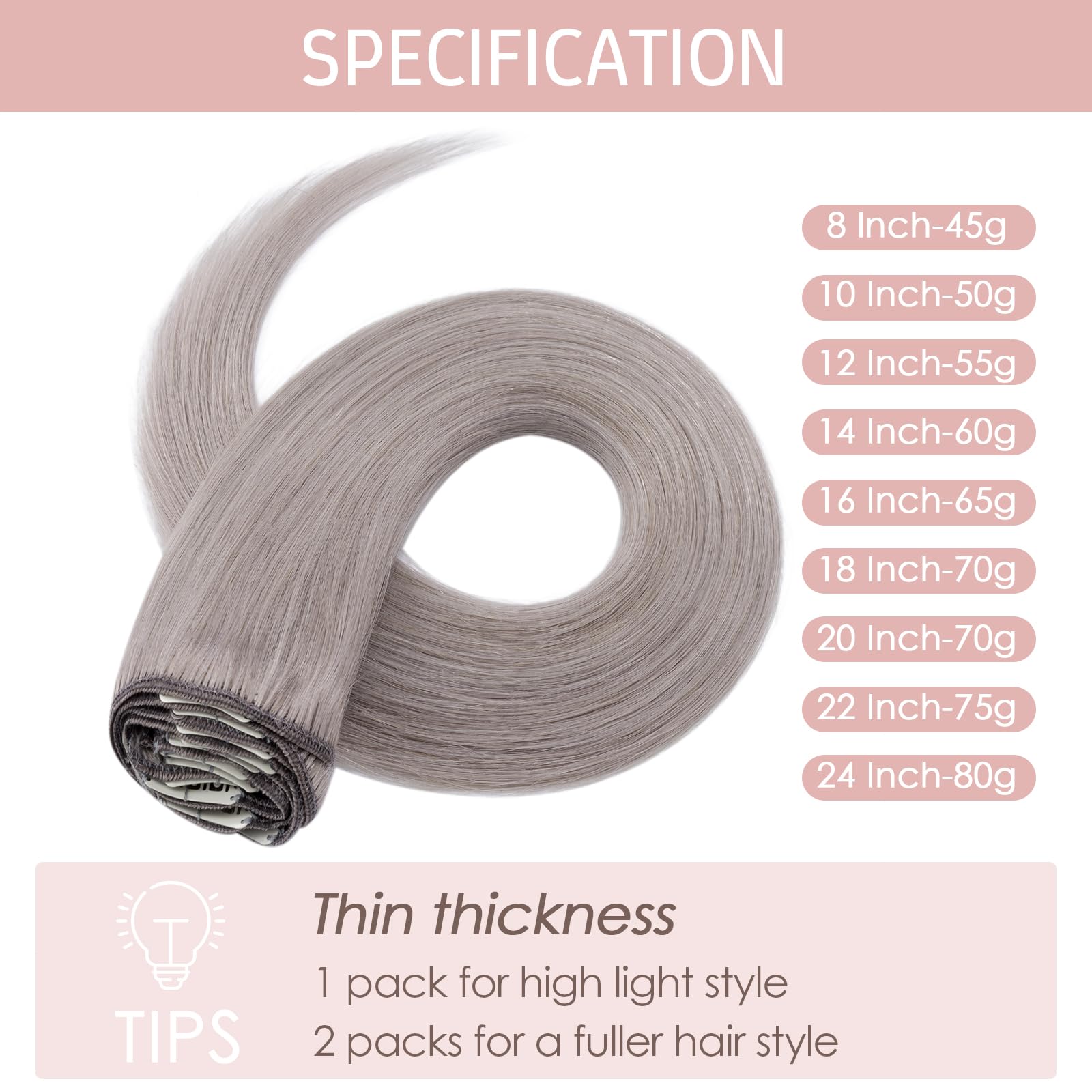 10 Inch Real Human Hair Clip in Hair Extensions - 100% Remy Straight Grey Hair - 8 PCS 50g Thin Weft for Natural Look | Perfect for Daily Wear, Parties & Special Occasions