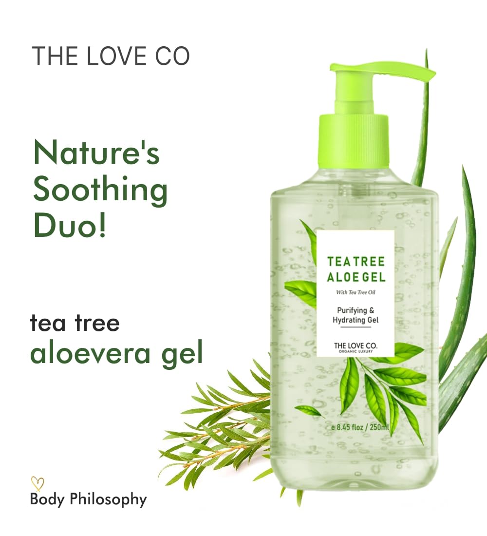 THE LOVE CO Aloe Vera & Tea Tree Oil Gel - 250ml | Natural Acne Treatment & Skin Soothing Moisturizer | Hydrating Face and Body Gel for Dry, Sensitive Skin | Perfect for Daily Skincare Routine & Post-Sun Care