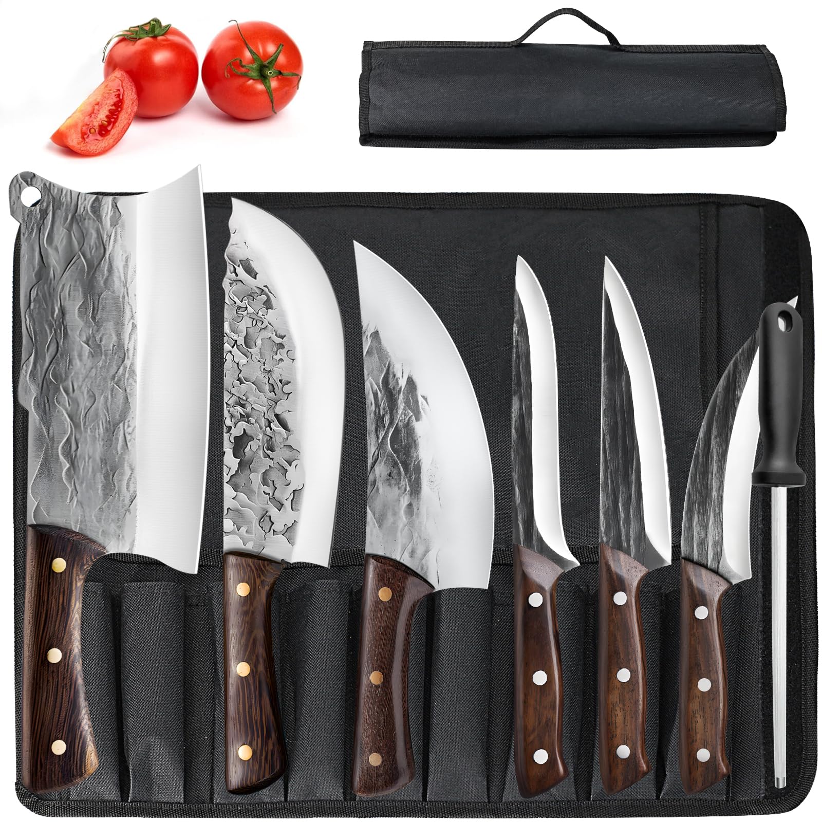 Premium 7-Piece Butcher Knife Set with Roll Bag - Professional Chef Knives for Meat Cutting, Cleavers & Viking Knives - Ergonomic Handles, Forged Stainless Steel - Perfect for Home Cooking, BBQ, Camping & Outdoor Adventures