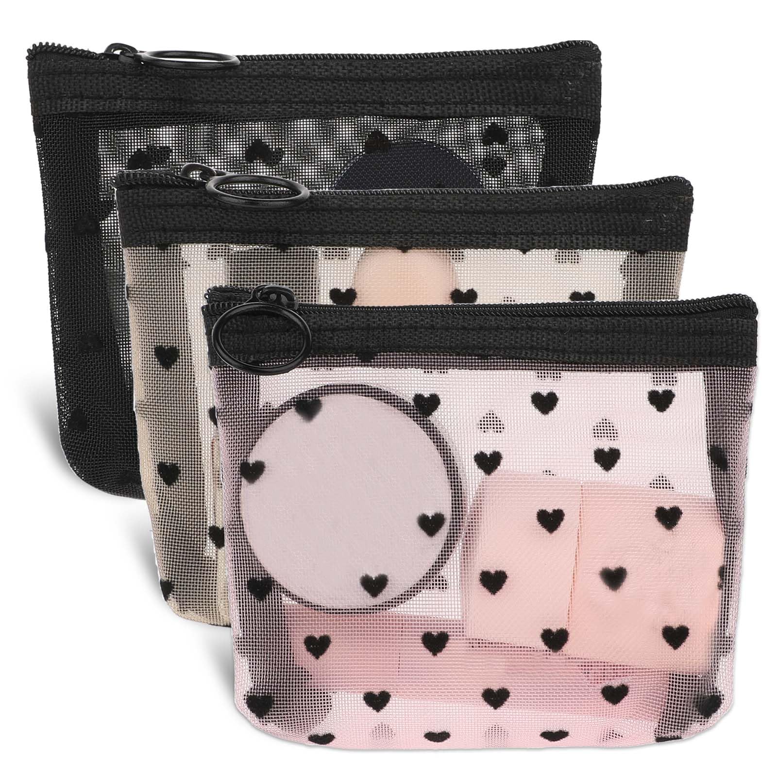 3Pcs Mini Cosmetic Bags with Heart Print - Mesh Zipper Makeup Organizer for Lipstick & Accessories - Small Purse for Women (3 Colors) | Perfect for Travel, Gym & Daily Essentials Storage