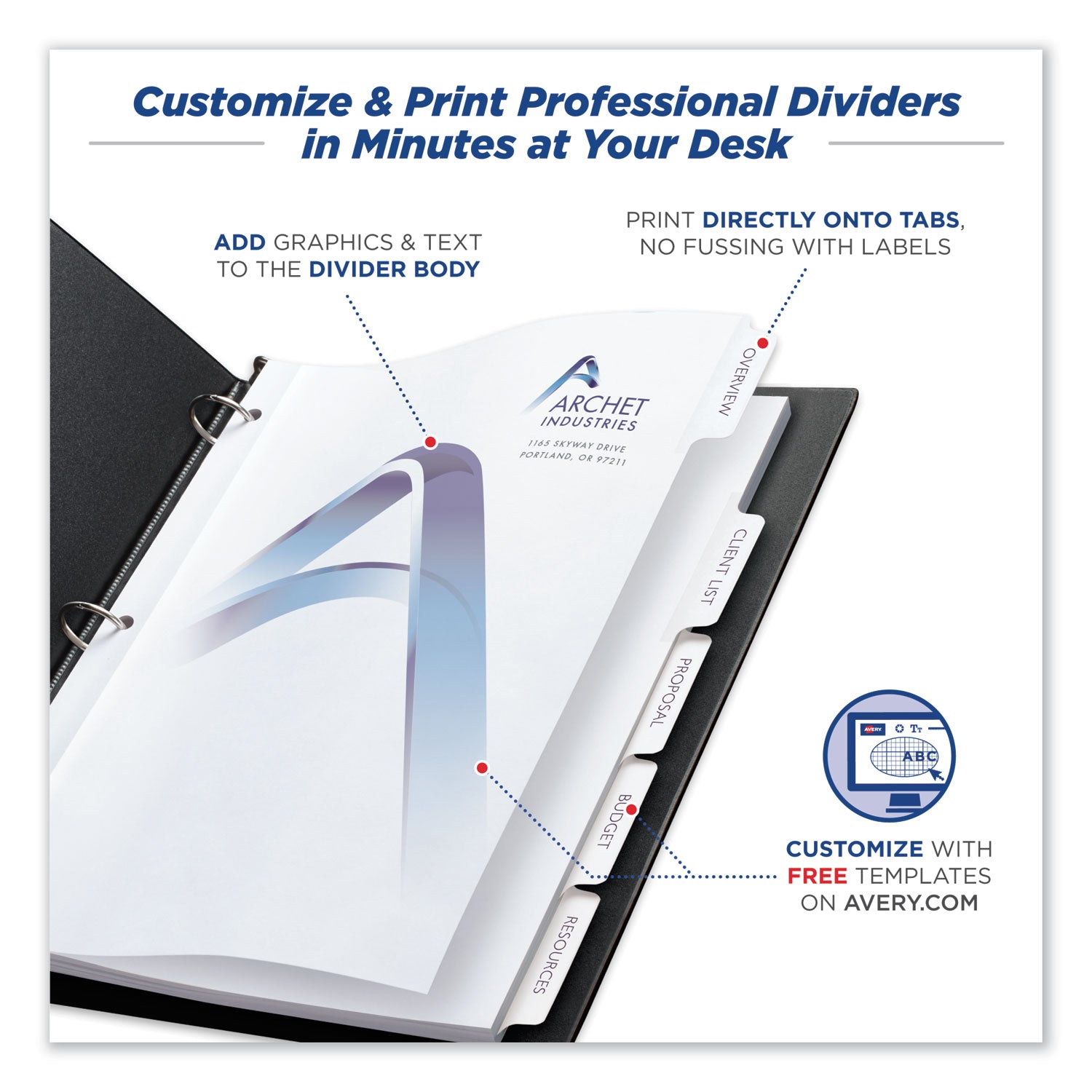 Avery® Customizable Print-On Dividers - 5-Tab, 3-Hole Punched, 11 x 8.5 Inches, White (1 Set) - Perfect for Office Organization, School Binders & Filing Systems