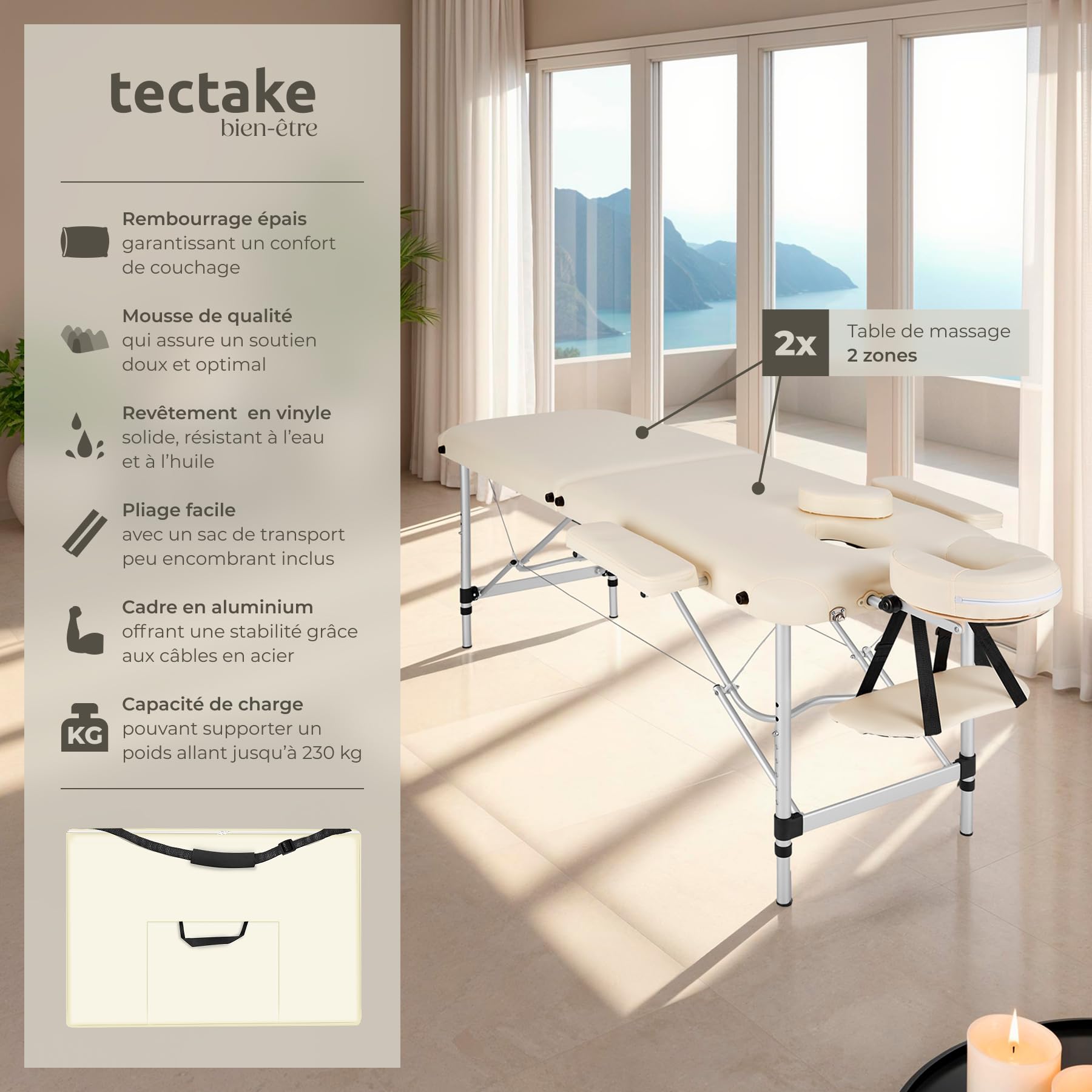 TecTake® Professional Folding Massage Table 2-Zone Aluminum Cosmetic Bed for Tattoo & Spa - Portable with Armrest & Carry Case - Perfect for Home, Salon, and Mobile Therapists