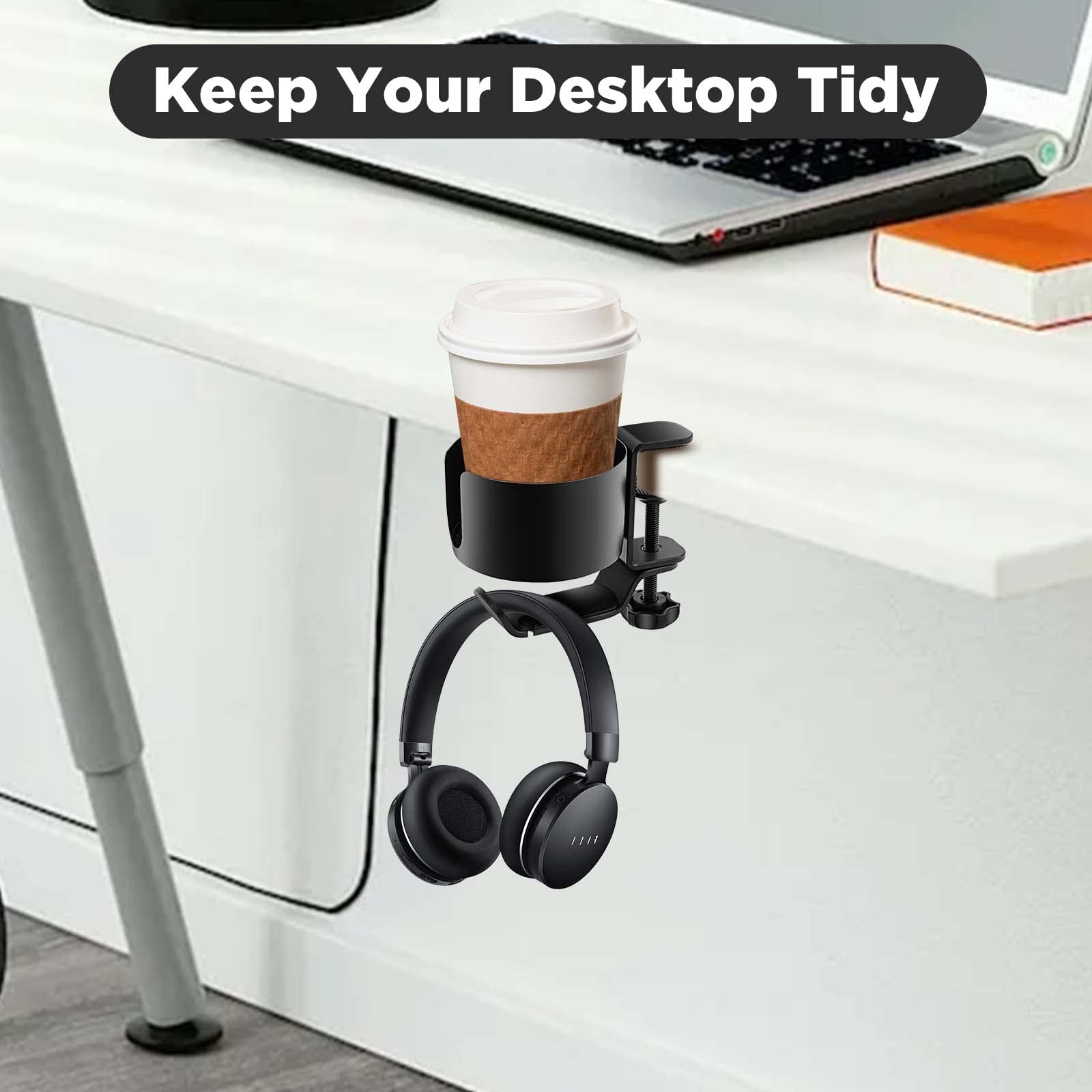 OOKUU 2-in-1 Desk Cup Holder with Headphone Hanger - Anti-Spill Coffee Mug & Water Bottle Holder - Sturdy Durable Office Desk Accessory for Workstation, Gaming Setup & Home Office Organization