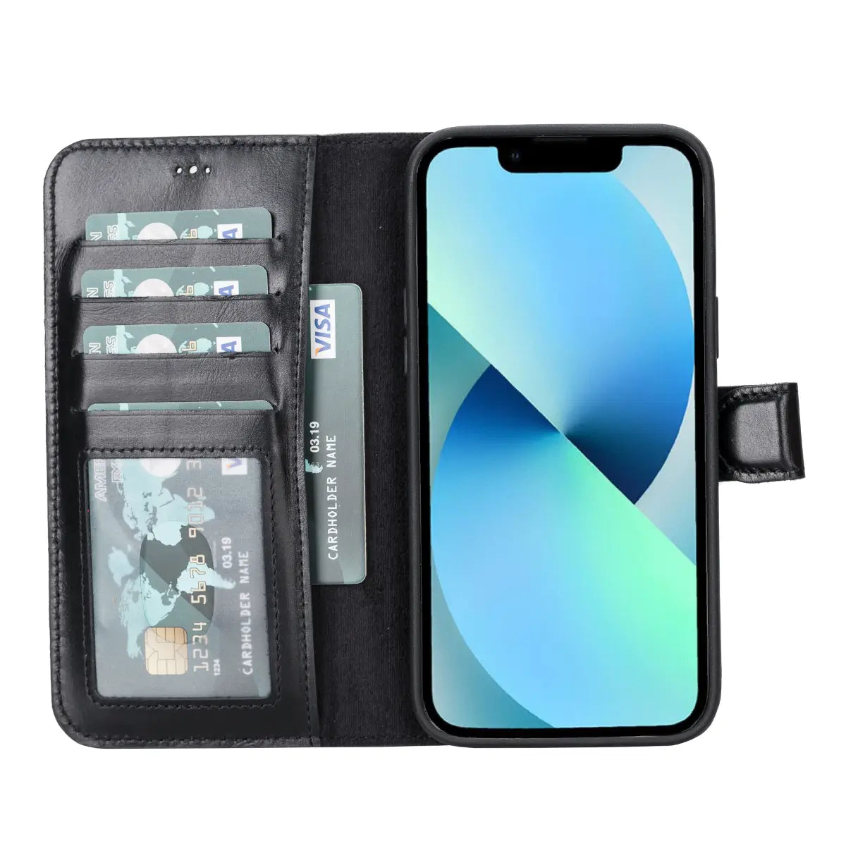Premium Black Leather Wallet Case for iPhone 14 Plus - RFID Blocking, Card Slots & Kickstand | Slim Protective Phone Cover for Everyday Use, Travel & Business