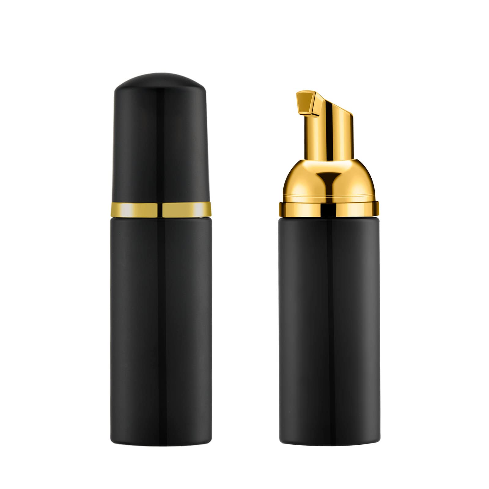 IRON BILL 2 Oz Foam Pump Bottle (50 PCS) - BPA Free Refillable Foaming Soap Dispenser for Hand Soap, Body Wash & Eyelash Shampoo | Travel Size, Mini Pocket Friendly with Black & Gold Pump (Black Cap) - Perfect for Home, Travel, Salon & Gym Use