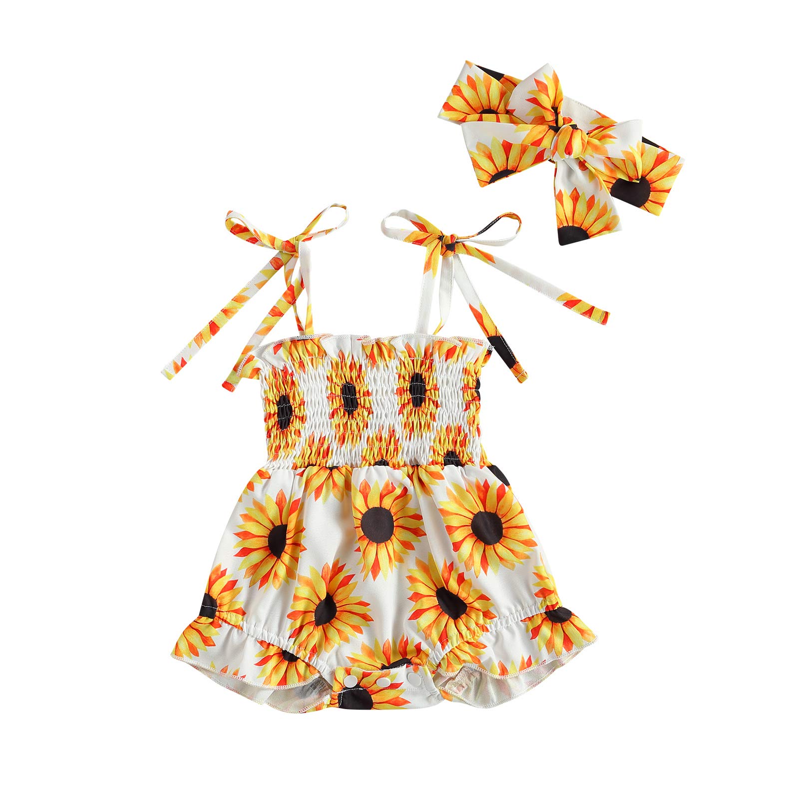 Iddolaka Newborn Baby Girl Off-Shoulder Ruffled Sunflower Romper Jumpsuit - Summer Suspender Bodysuit One-Piece Outfit for Photoshoots, Parties & Playtime