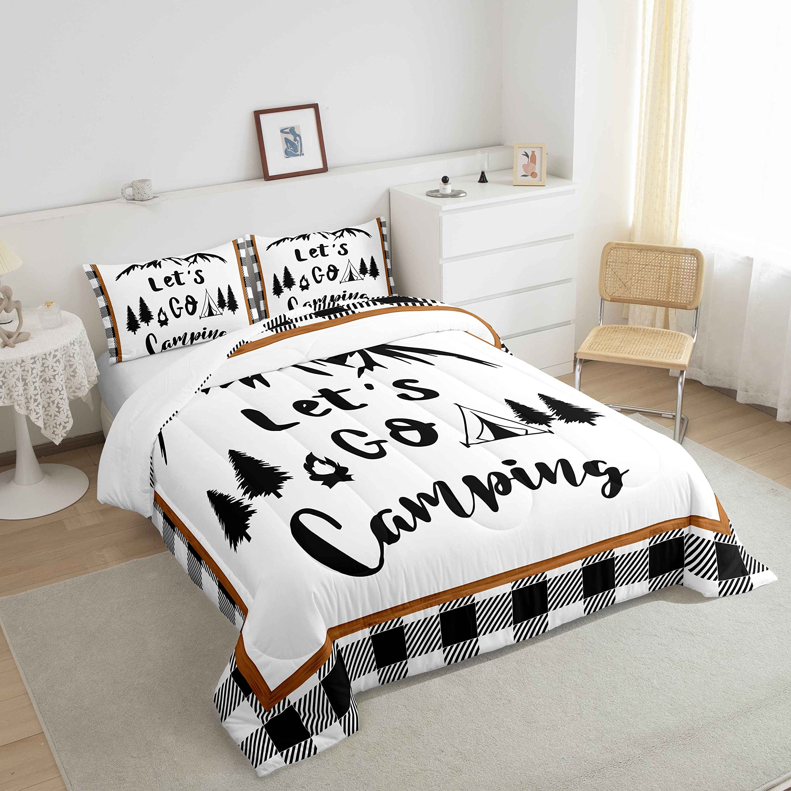 Feelyou Happy Camping Bedding Set - Queen Size 3-Piece Camper Comforter Set for Kids, Boys & Teens | Sketch Pine Tree Mountain Nature Design in White & Black Geometric Patterns | Perfect for Camping Trips, Dorm Rooms & Adventure-Themed Bedrooms