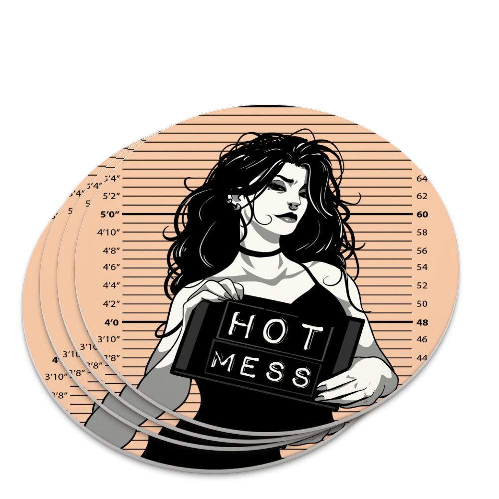 Funny Hot Mess Woman Mug Shot Novelty Coaster Set - 4 Pack Absorbent Drink Coasters for Coffee, Beer & Wine - Perfect for Parties, Gifts & Home Bar Decor