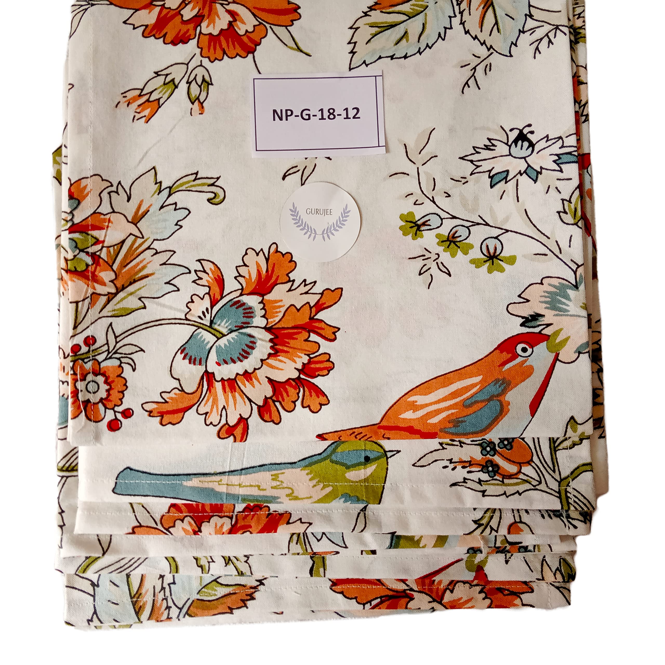 GURU JEE™ 6-Pack 100% Cotton Printed Table Napkins Set - Soft Washable Cloth Dinner Napkins with Bird & Floral Design for Everyday Use, Parties, and Fine Dining