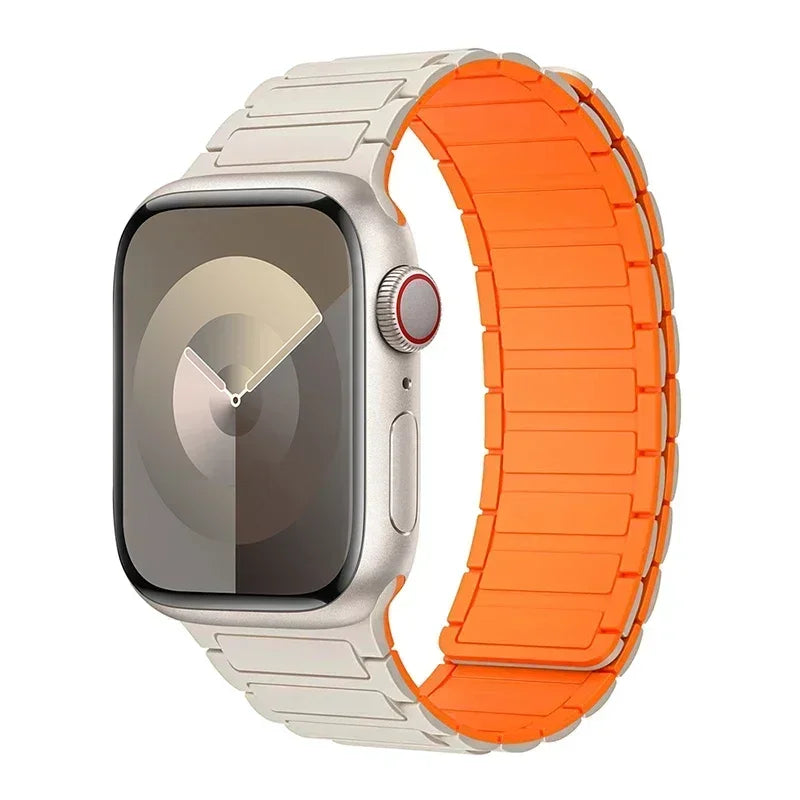 Silicone Magnetic Loop Band for Apple Watch - White & Orange | Comfortable & Adjustable Strap for Workout, Running, and Daily Wear
