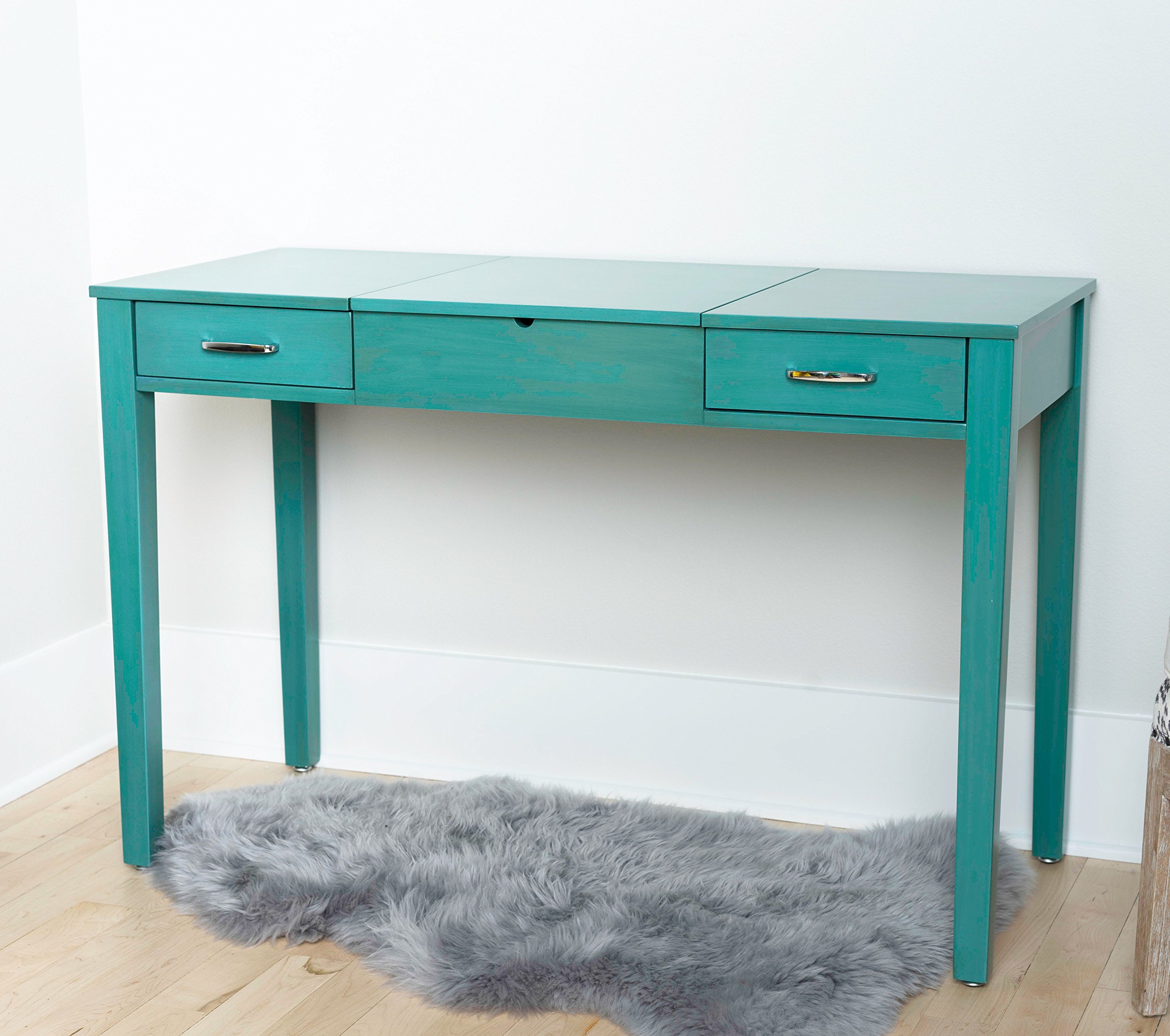 Hives and Honey Ainsley Vanity Desk with Lift-Top Mirror - Modern Wood Grain Makeup Dressing Table with 2 Drawers, USB & Power Outlet, Smooth Glide & Brushed Chrome Hardware - Perfect for Bedroom, Dorm, or Apartment Beauty & Organization (Turquoise)