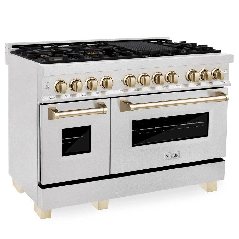 ZLINE Autograph Edition 48-inch Dual Fuel Range - 6.0 cu.ft Capacity, 7-Burner Gas Cooktop & 2 Electric Ovens - Satin Stainless Steel with Polished Gold Accents (RASZ SN 48 G) - Perfect for Professional Home Chefs & Luxury Kitchens