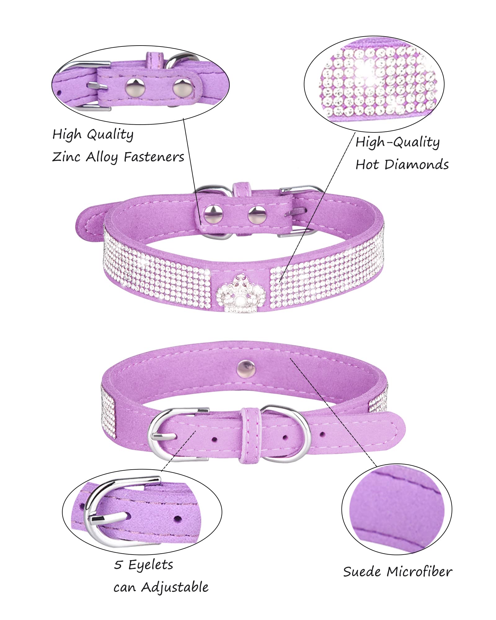 Premium Adjustable Leather Suede Bling Dog Collar with Rhinestones - XS Size for Small Dogs & Cats (Pink, Purple) - Perfect for Daily Walks, Pet Fashion & Special Occasions