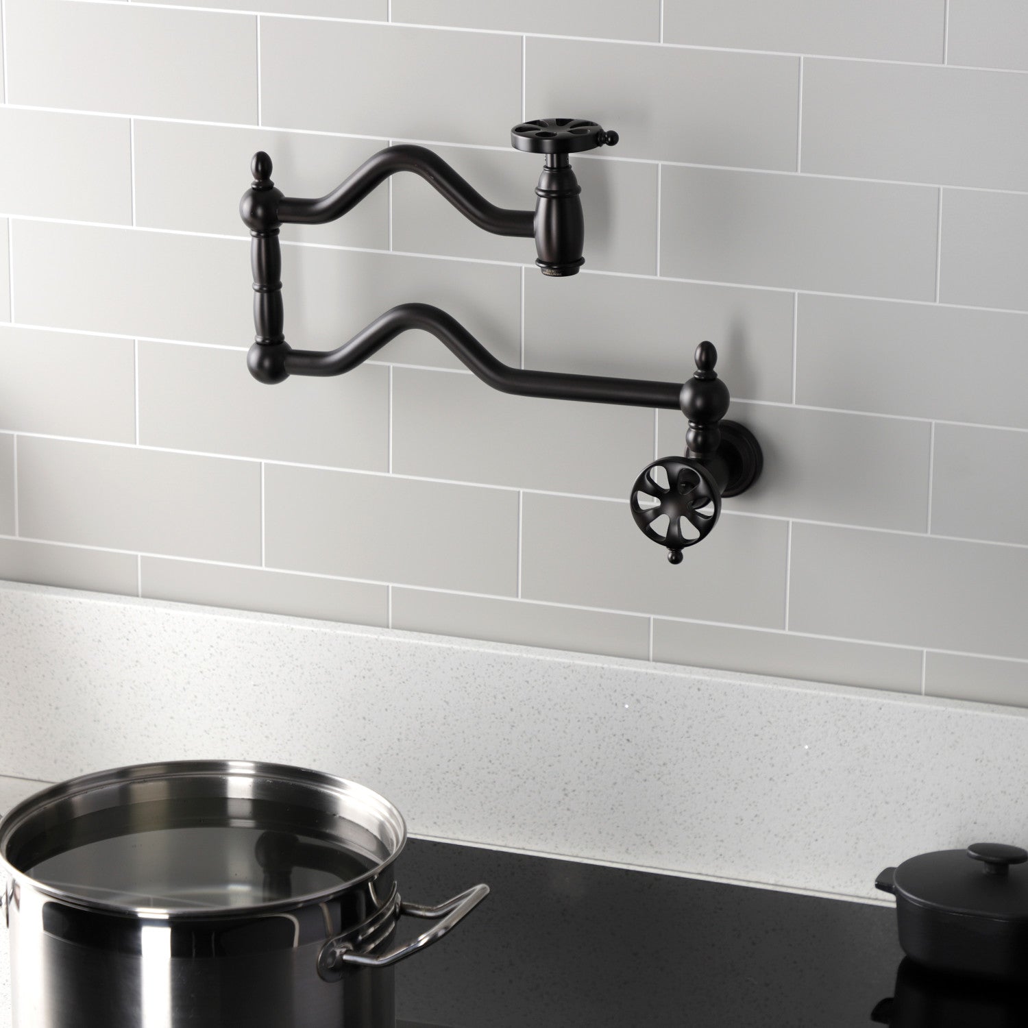 Belknap KS2105RX Oil Rubbed Bronze Two Handle Wall Mount Pot Filler Faucet - Ideal for Kitchen Sink, Stove Area & Cooking Stations