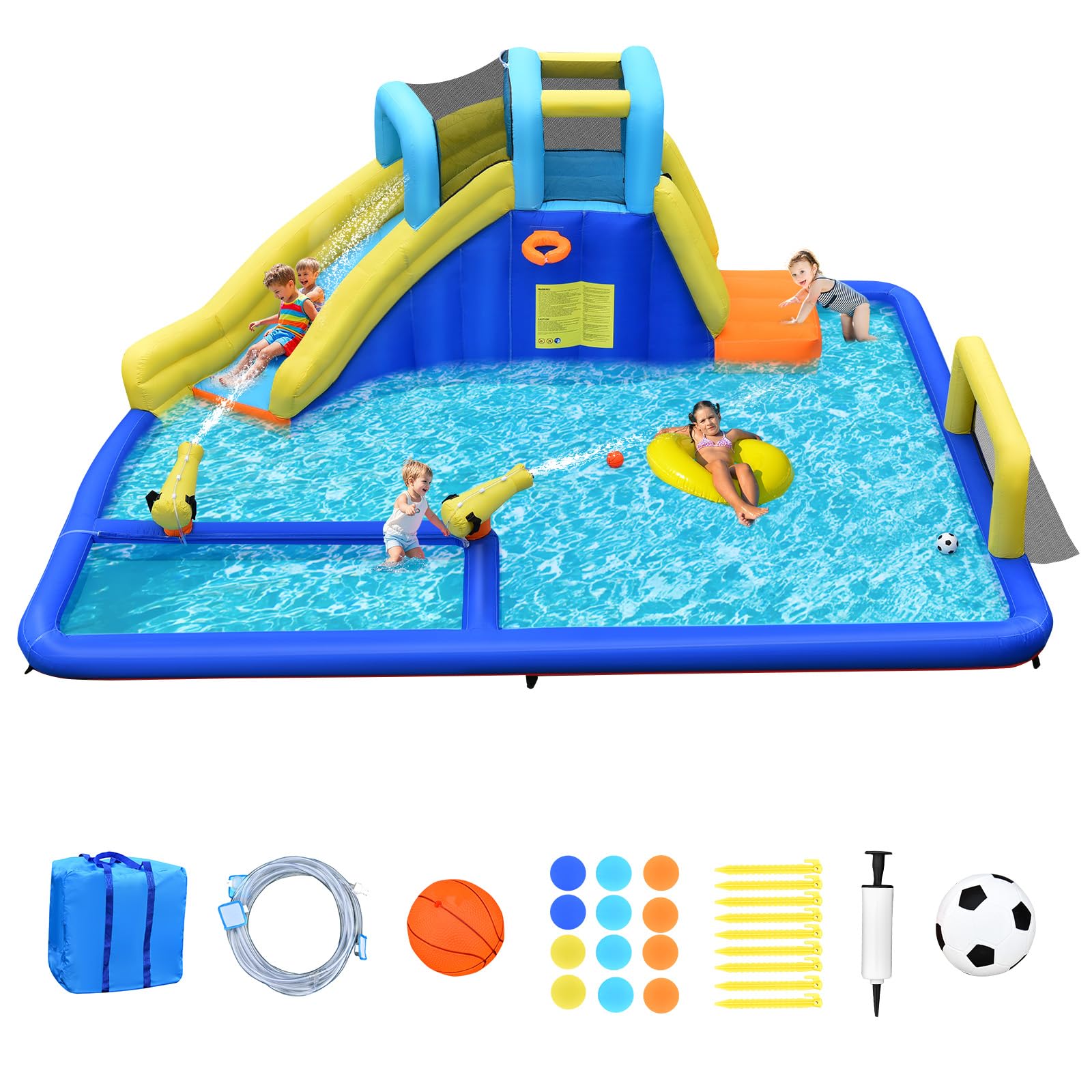OLAKIDS Inflatable Water Slide with Bounce House, Outdoor Water Park for Kids - Includes Pool, 2 Water Guns, Climbing Wall, Bouncer Castle, Hose, Carry Bag, Repair Kit, Stakes & Balls (Blower Not Included) - Perfect for Backyard Parties, Summer Fun, and Outdoor Play