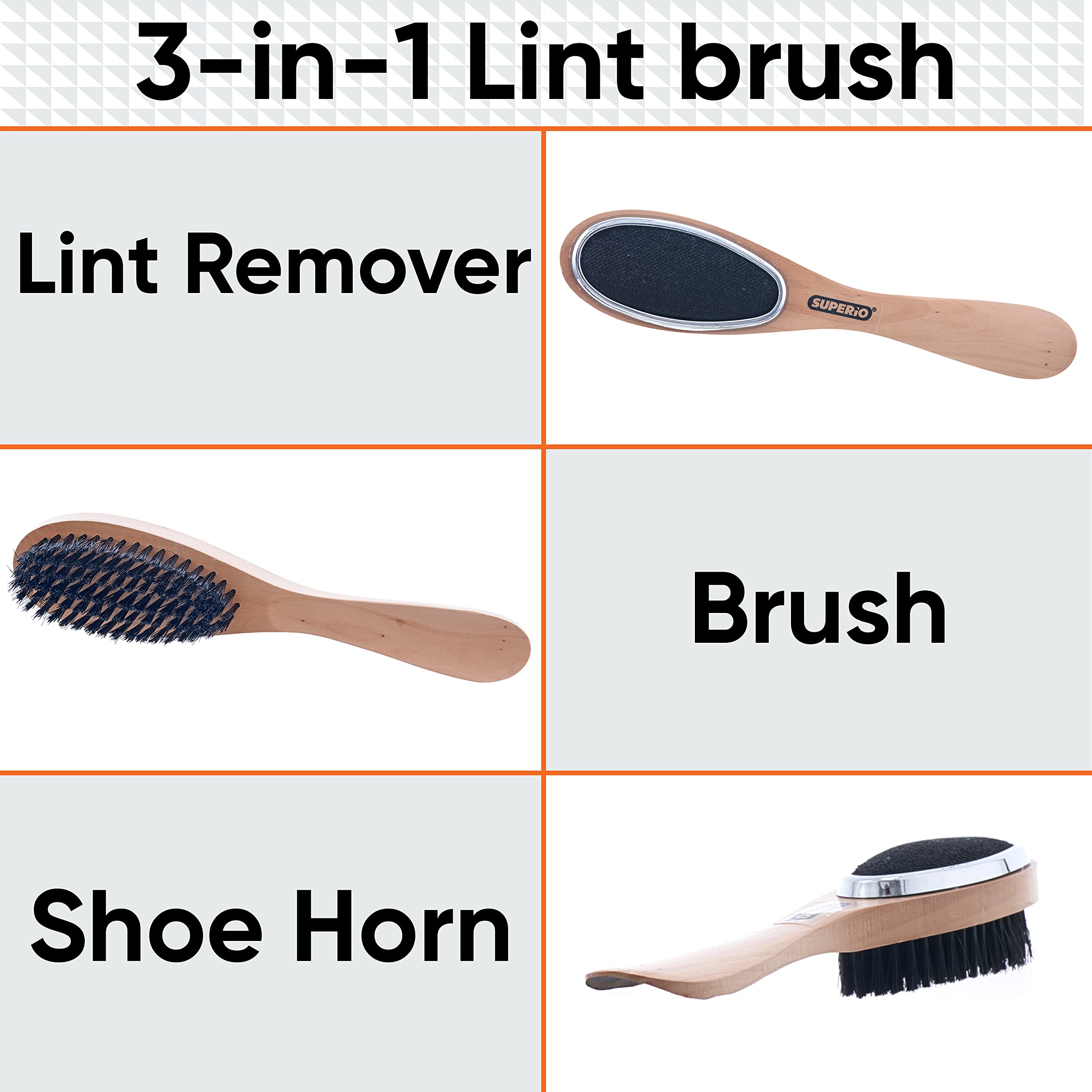 Superio 3-in-1 Clothes Brush - Double Sided Garment Brush & Pet Hair Remover with Wood Handle | Lint Brush for Suits, Wool Coats, Sweaters | Shoe Horn for Shoes | Portable Depiller for Home, Office & Travel (Pack of 3)