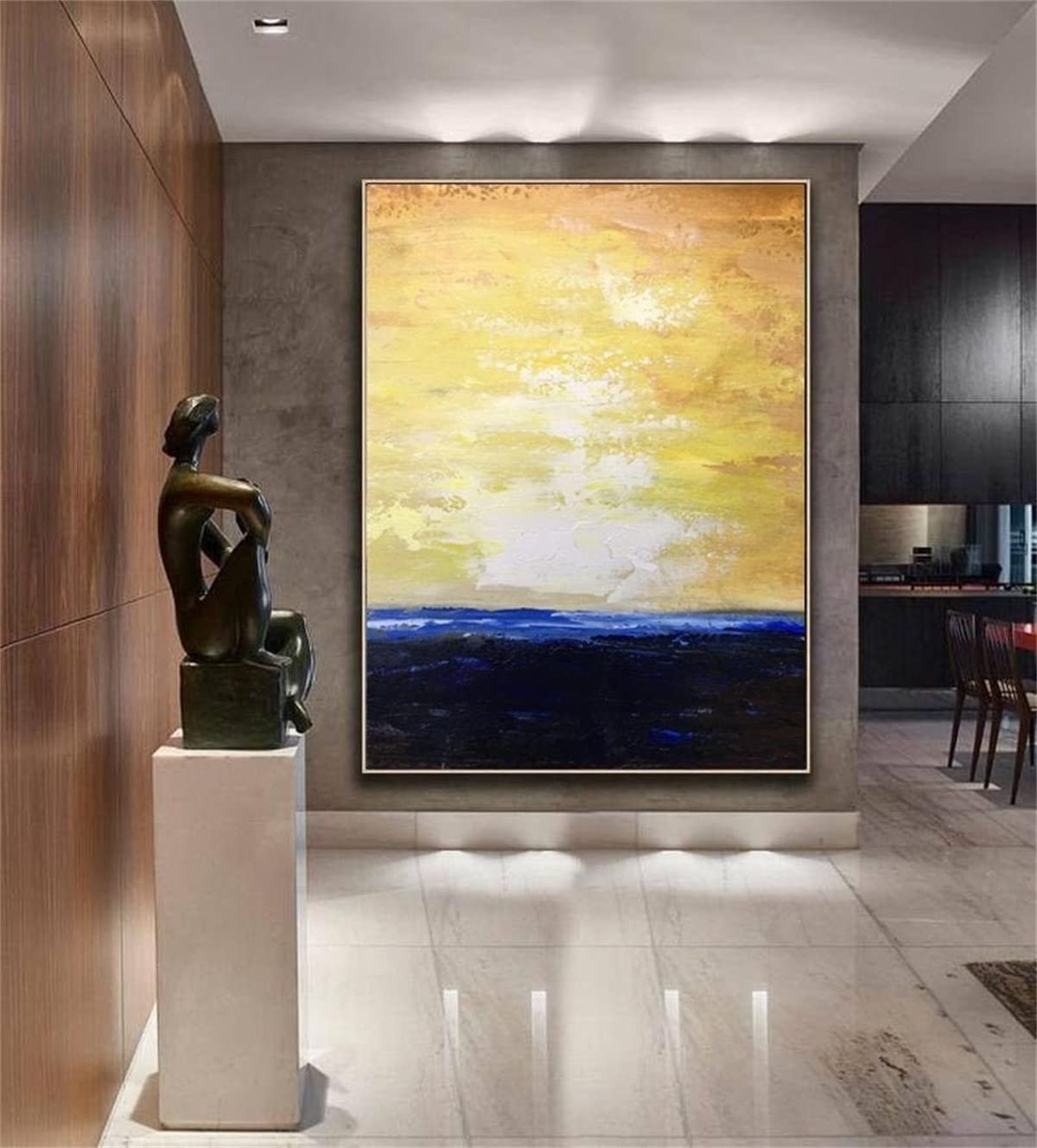 Large Blue Ocean Abstract Painting - Handmade Canvas Wall Art with Yellow Sky & Waves - Perfect for Living Room, Bedroom & Office Decor