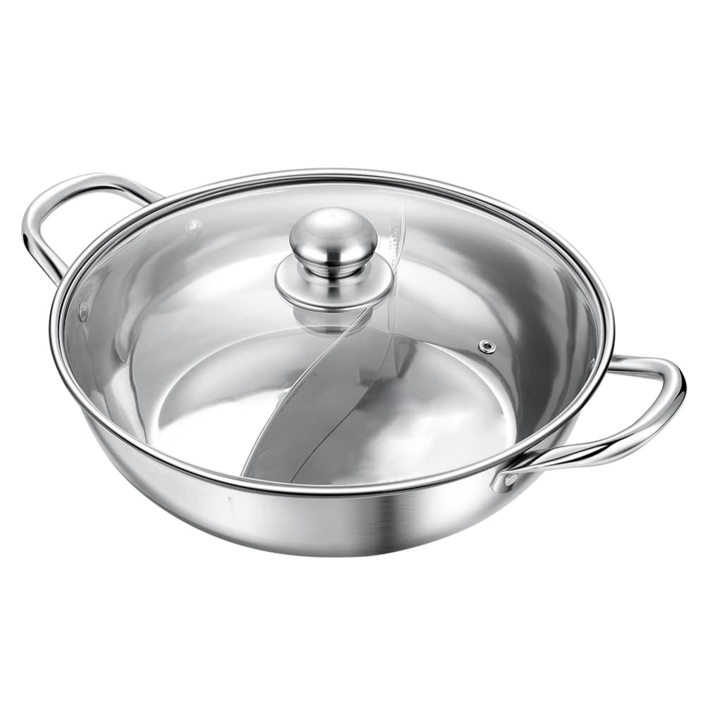 HEMOTON Stainless Steel Hot Pot Set - Cheese Fondue Pot, Induction Cooker Compatible, Shabu Shabu Pot with Divider, Chocolate Fondue Pot, Multi-Purpose Household Wok with Glass Lid - Perfect for Family Gatherings, Dinner Parties & Asian Cooking