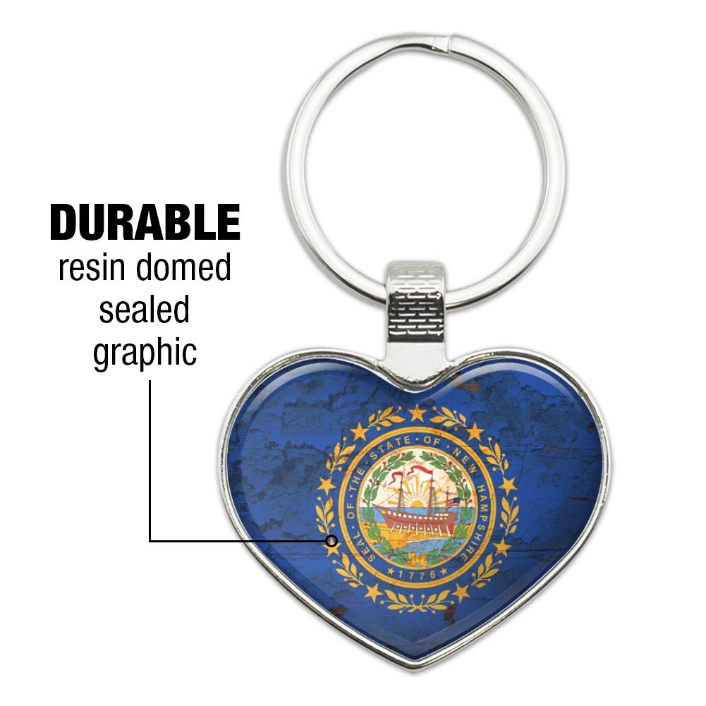 Vintage Rustic New Hampshire State Flag Keychain - Distressed USA Metal Key Ring with Heart Design - Perfect for Travel, Gifts & Patriotic Accessories