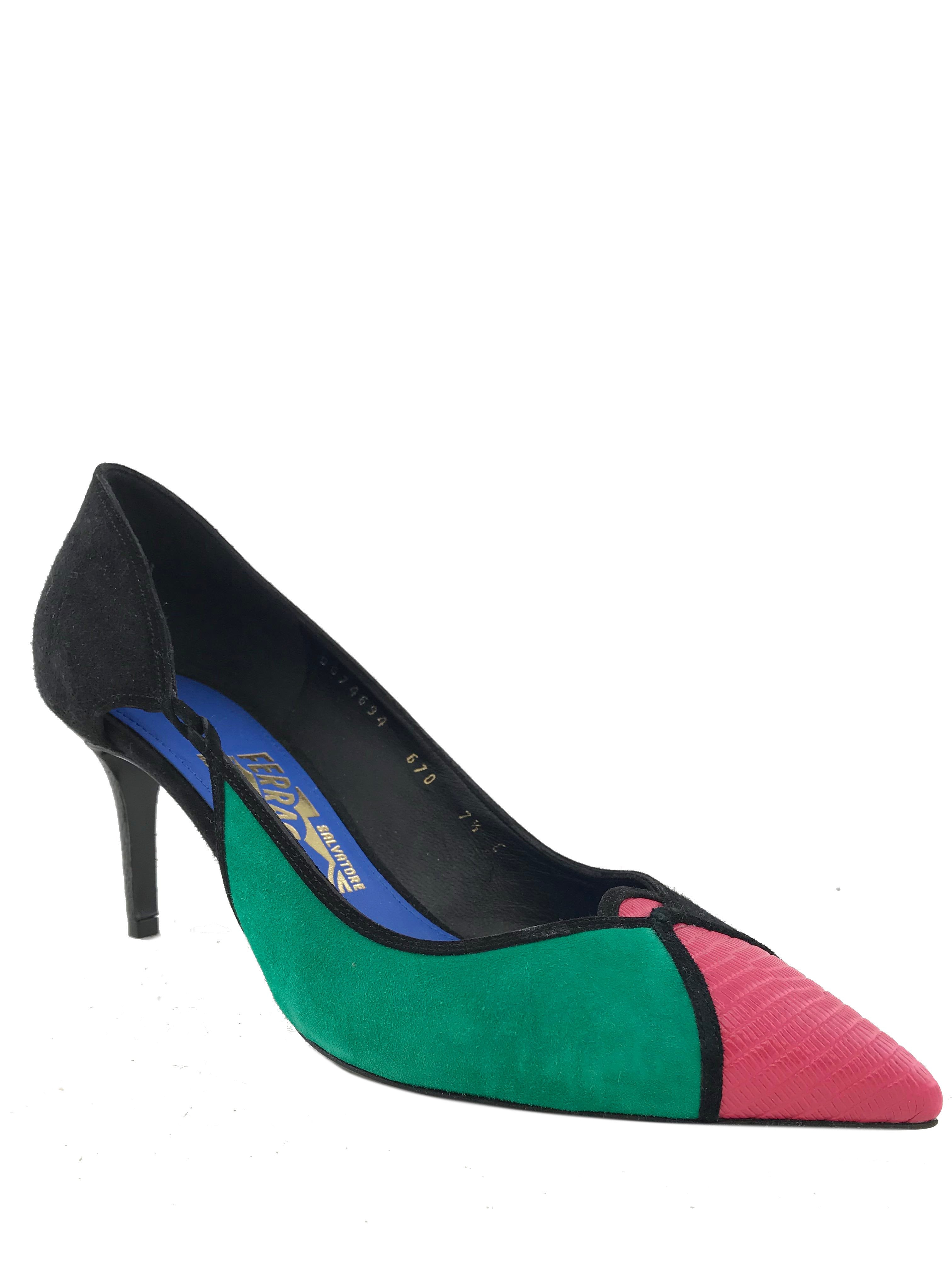 Salvatore Ferragamo Women's Size 7.5 Multicolor Croc-Embossed Suede Heels - New Designer Pumps for Office, Party & Special Occasions