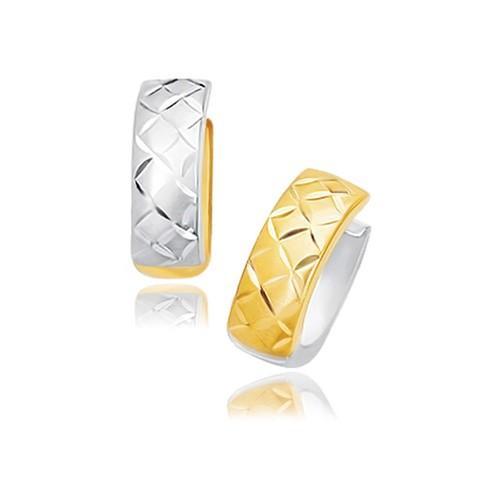 14K Two-Tone Gold Reversible Quilted Hinged Hoop Huggie Earrings for Women - Elegant Everyday & Special Occasion Jewelry Gift