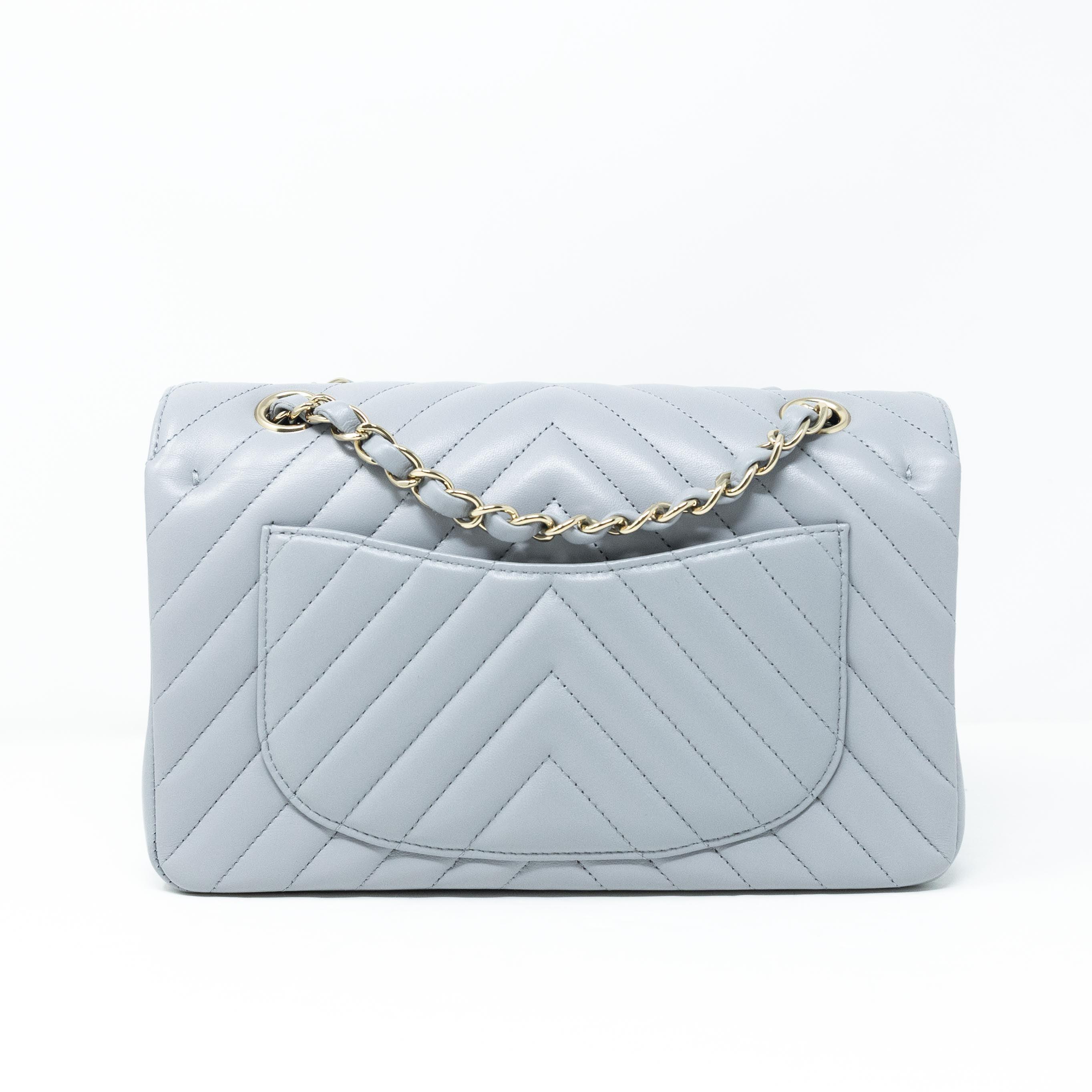 Chanel Grey Chevron Small Classic Flap Bag - Luxury Quilted Leather Crossbody Purse for Women | Perfect for Date Night, Parties & Special Occasions