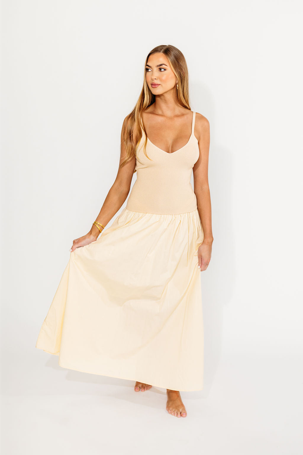 Gaby V Neck Mixed Media Maxi Dress in Cream - Elegant Flowy Long Dress for Women, Perfect for Weddings, Parties & Special Occasions