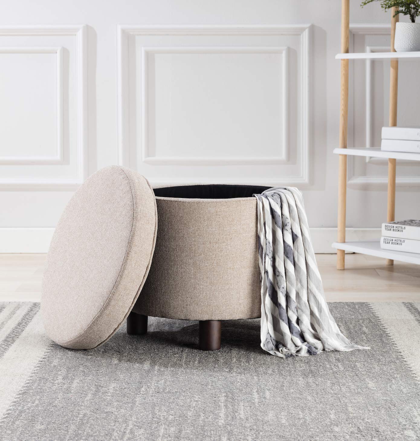 Wovenbyrd Classic Small Round Storage Ottoman Footstool with Removable Lid - Light Brown Fabric Upholstered, Multi-Functional Foot Rest & Hidden Storage for Living Room, Bedroom, or Nursery