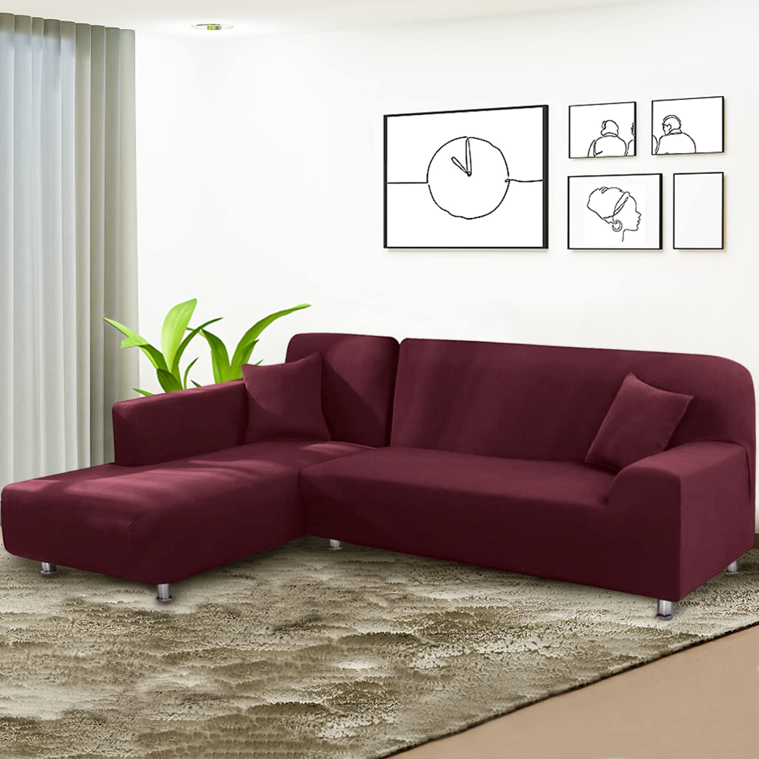 Stretchable L-Shaped Sectional Sofa Cover 2-Piece Set with Pillowcases - Soft Furniture Protector Slipcover for 3-Seater Couches (Burgundy) - Perfect for Living Room, Family Room & Home Theater Seating Protection