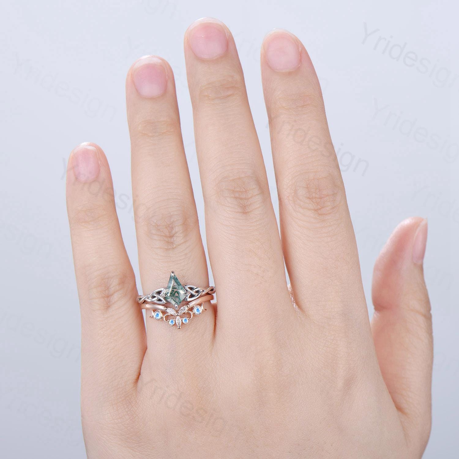 Viking Kite Cut Moss Agate Engagement Ring Set with Celtic Love Knot Moonstone Wedding Band - Vintage Unique Twisted Green Crystal Bridal Jewelry for Norse Wedding, Handfasting Ceremony & Boho Bridal Fashion