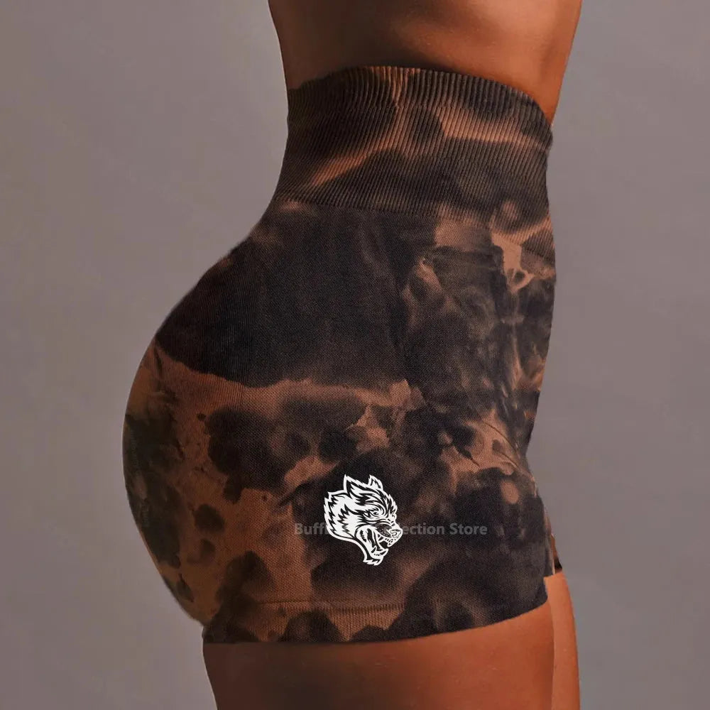 She Darc Wolf Tie Dye Scrunch Shorts for Women - Seamless Yoga Shorts, Breathable Workout Shorts with High Waist for Running, Gym & Summer Activities