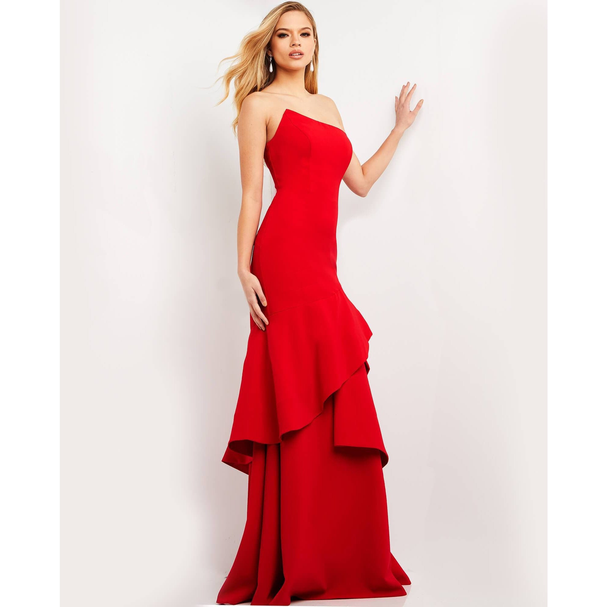 Jovani 06509 Red Asymmetric Neck Crepe Evening Dress - Elegant Formal Gown for Prom, Homecoming, Cocktail Parties & Special Occasions