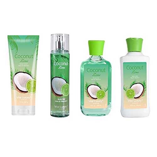 Vital Luxury Bath & Body Gift Set - 10oz Body Lotion, 10oz Shower Gel, 8oz Body Cream & 8oz Fragrance Mist in Coconut Lime Scent | Home Spa Skincare Kit for Relaxation & Self-Care | Perfect for Gifts, Pampering & Aromatherapy