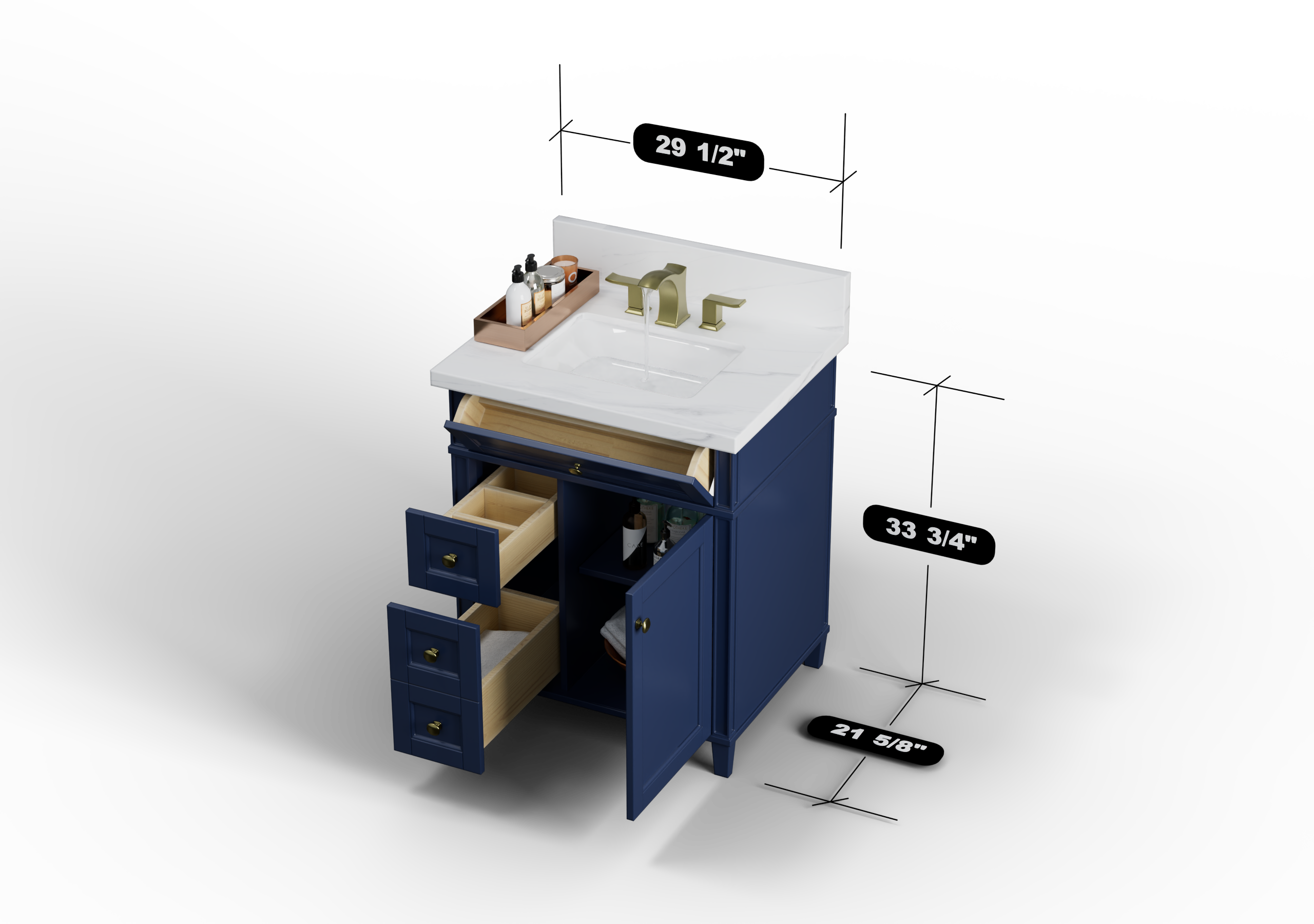 Kensington 29.5-Inch Left Drawer All-Wood Navy Blue Vanity Cabinet | Perfect for Bathroom Storage & Organization