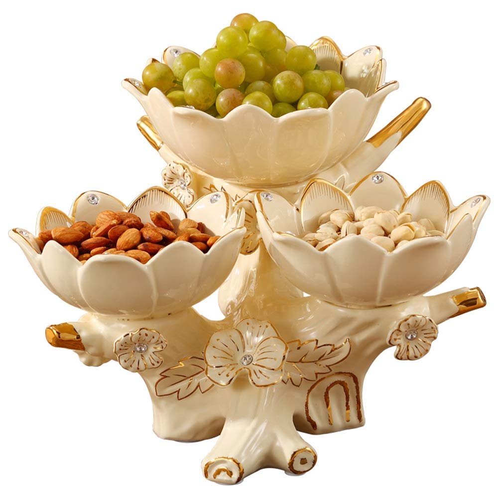 Lotus Three-Grain Dried Fruit Plate - European Style Ceramic Double Fruit Bowl, Modern Multi-Layer Snack Tray for Living Room, Kitchen & Dining Room - Perfect for Serving Nuts, Candy, Fruits & Appetizers