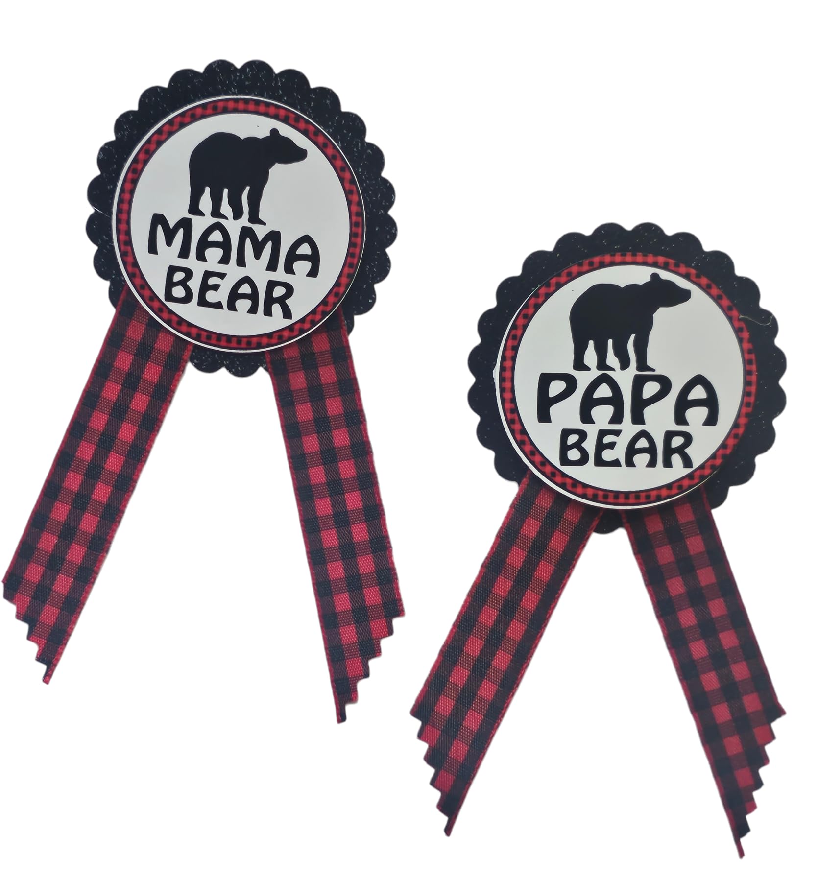 Baby Shower Pins Set - Mama Bear & Papa Bear Gender Reveal Pins - Buffalo Plaid Daddy to Be Badges - Red & Black Baby Sprinkle Pins - One Size Cardstock Grosgrain Ribbon - Perfect for Gender Reveal Parties & Baby Showers