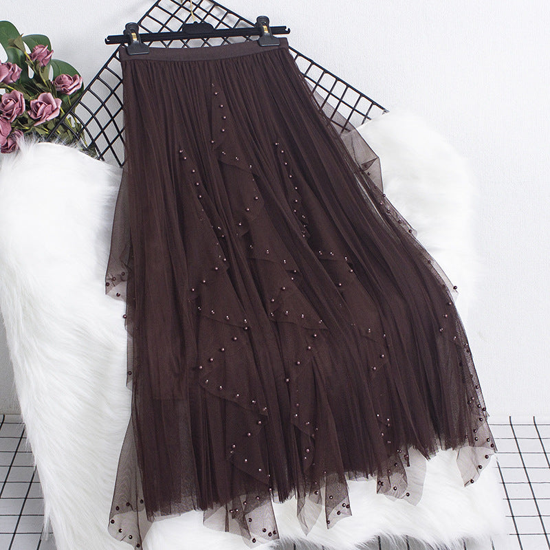 Beaded Petal Mesh Skirt - High Waist Midi Swing Skirt for Women, Elegant Floral Lace Design, Plus Size Large, Perfect for Parties, Weddings & Special Occasions