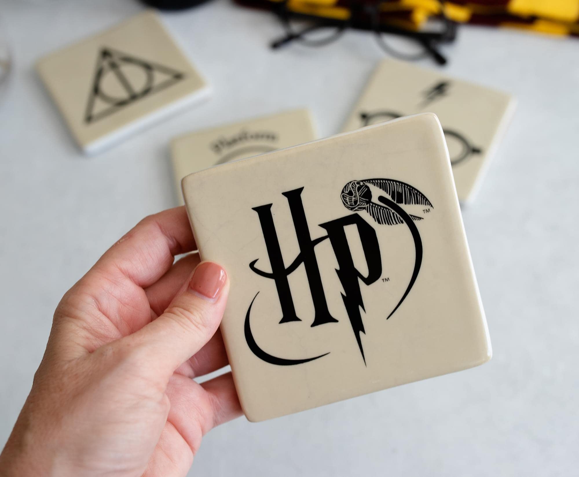 Harry Potter Ceramic Coasters Set of 4 - Absorbent Drink Coasters for Table Protection - Wizarding World Themed Home Decor for Coffee Tables, Bars, Dining & Kitchen Use - Perfect Gift for Potter Fans