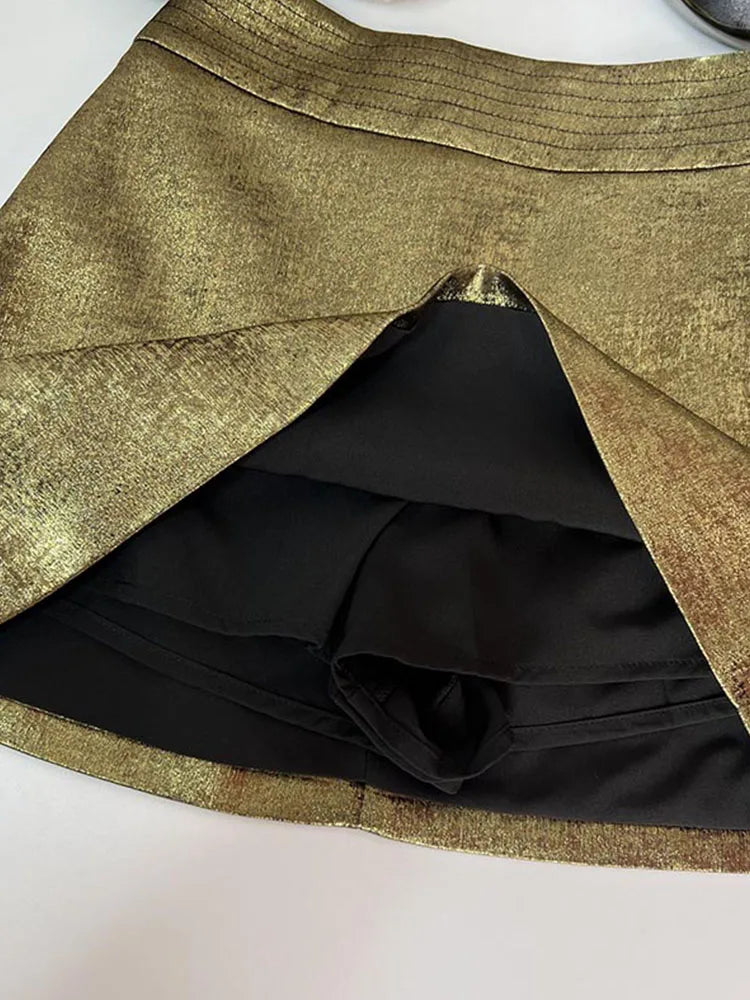 Luxury Golden Mini Skirt for Women - High Street Fashion A-Line Skirt | Sexy Office Wear & Streetwear Vintage Style | Perfect for Night Out, Club Party, and Casual Dating