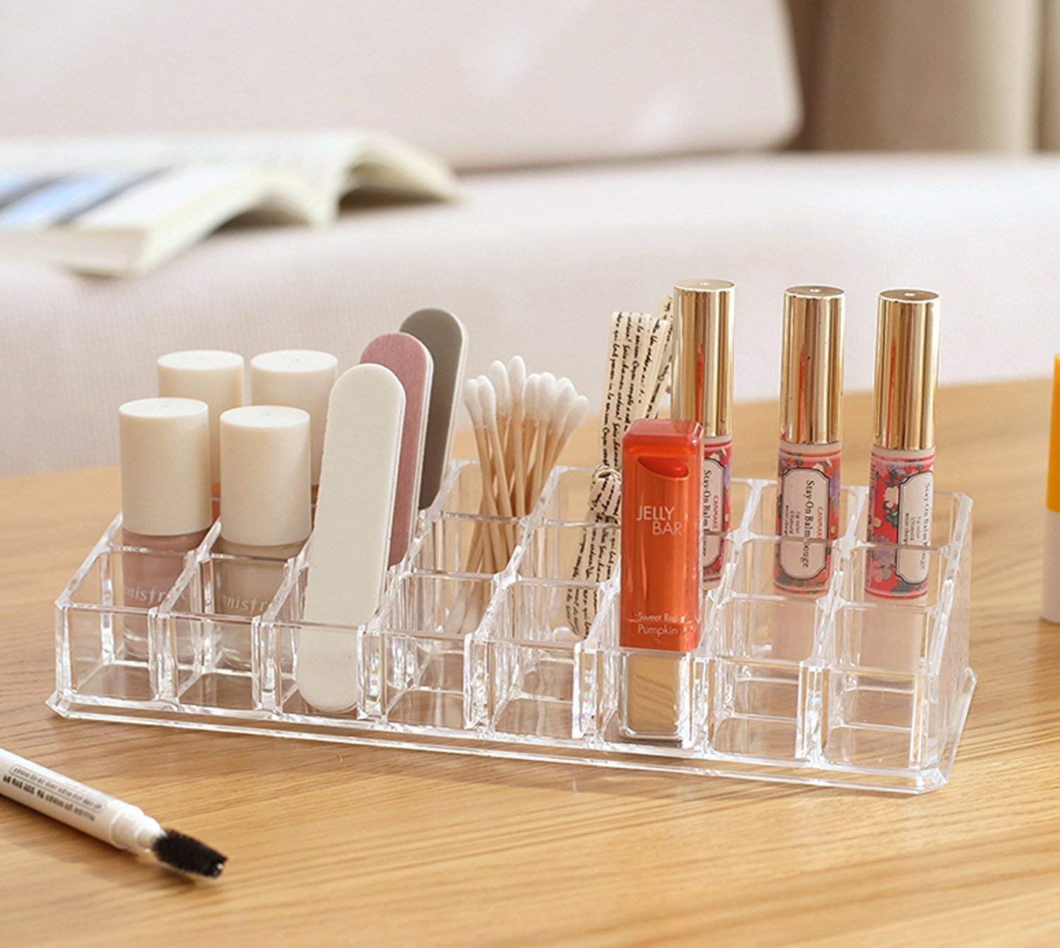 ROSLYN® 24 Grid Clear Acrylic Makeup Organizer for Lipstick, Foundation, Nail Polish, Eyeliner & Makeup Brushes | Perfect for Vanity, Bathroom & Travel Cosmetic Storage