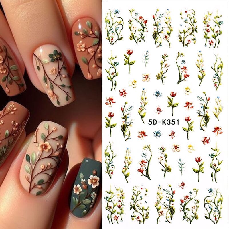 5D White Green Flowers Plants Nail Stickers K351 - DIY Nail Art Decals for Home, Salon & Party Use
